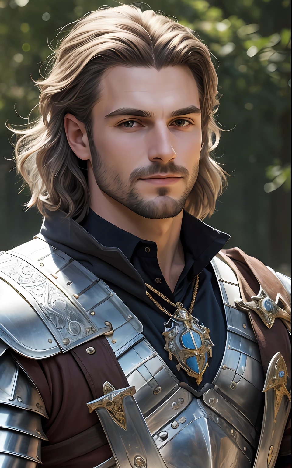 tmasterpiece,best qualtiy,The is very detailed,Original design,Unique accessories,medieval fantasy,professionally retouched,closeup cleavage,(male people:1.9),(Portrait of a noble male knight),Dignified,At noon,Sword and shield,Heavy armor,(sbeard:1.3),ssmile,red capelet,cheveux gris courts,musculous,