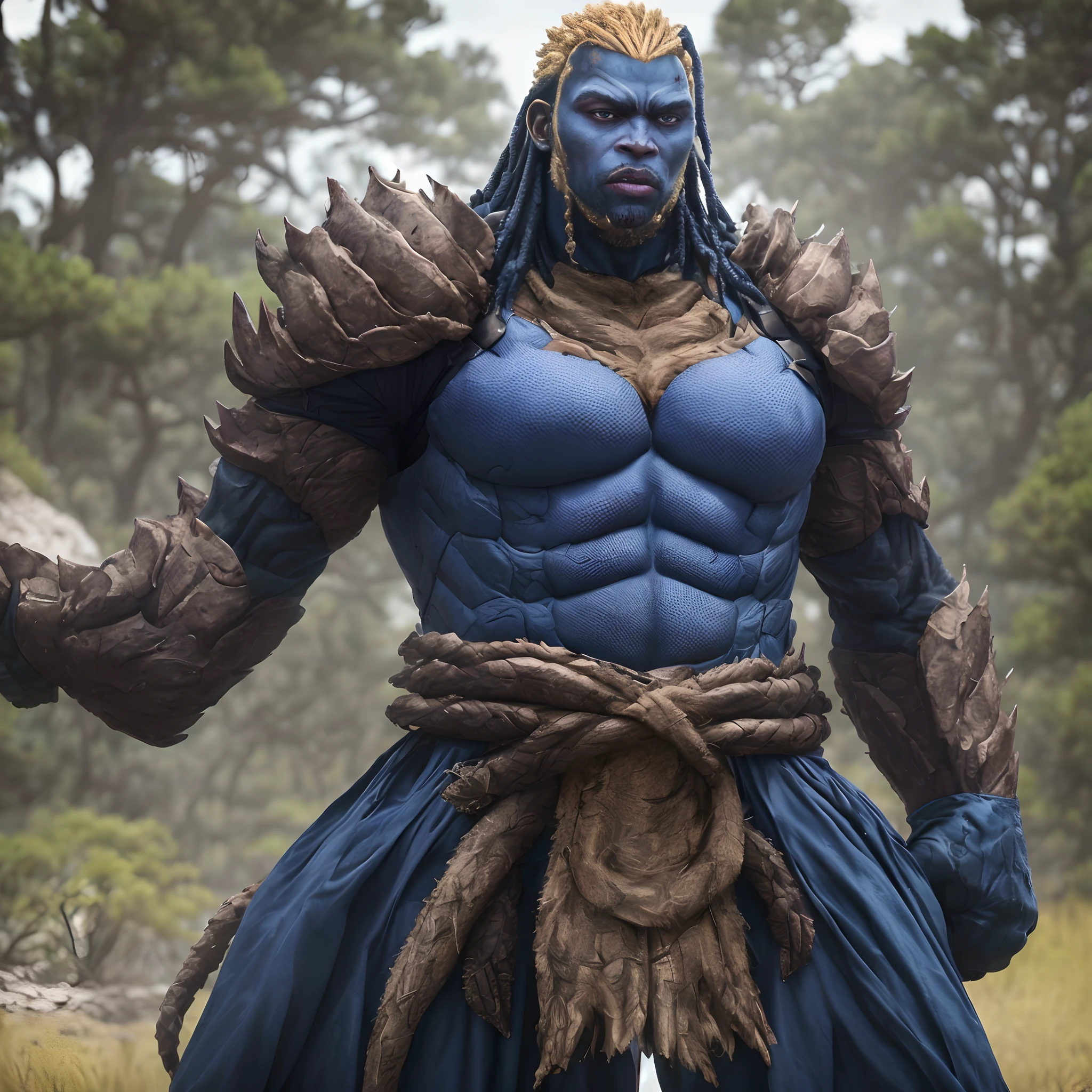Gigante macho em traje roxo escuro segurando uma espada em uma floresta, de warcraft, jason momoa as assyrian, filme de fantasia ainda, gigante da geada, ainda de um filme de fantasia, korg de Thor como um soldado, Snoop Dogg as a barbarian, Raziel IRL, imagem do avatar, Jason Momoa como Conan, menacing stare, armadura azul