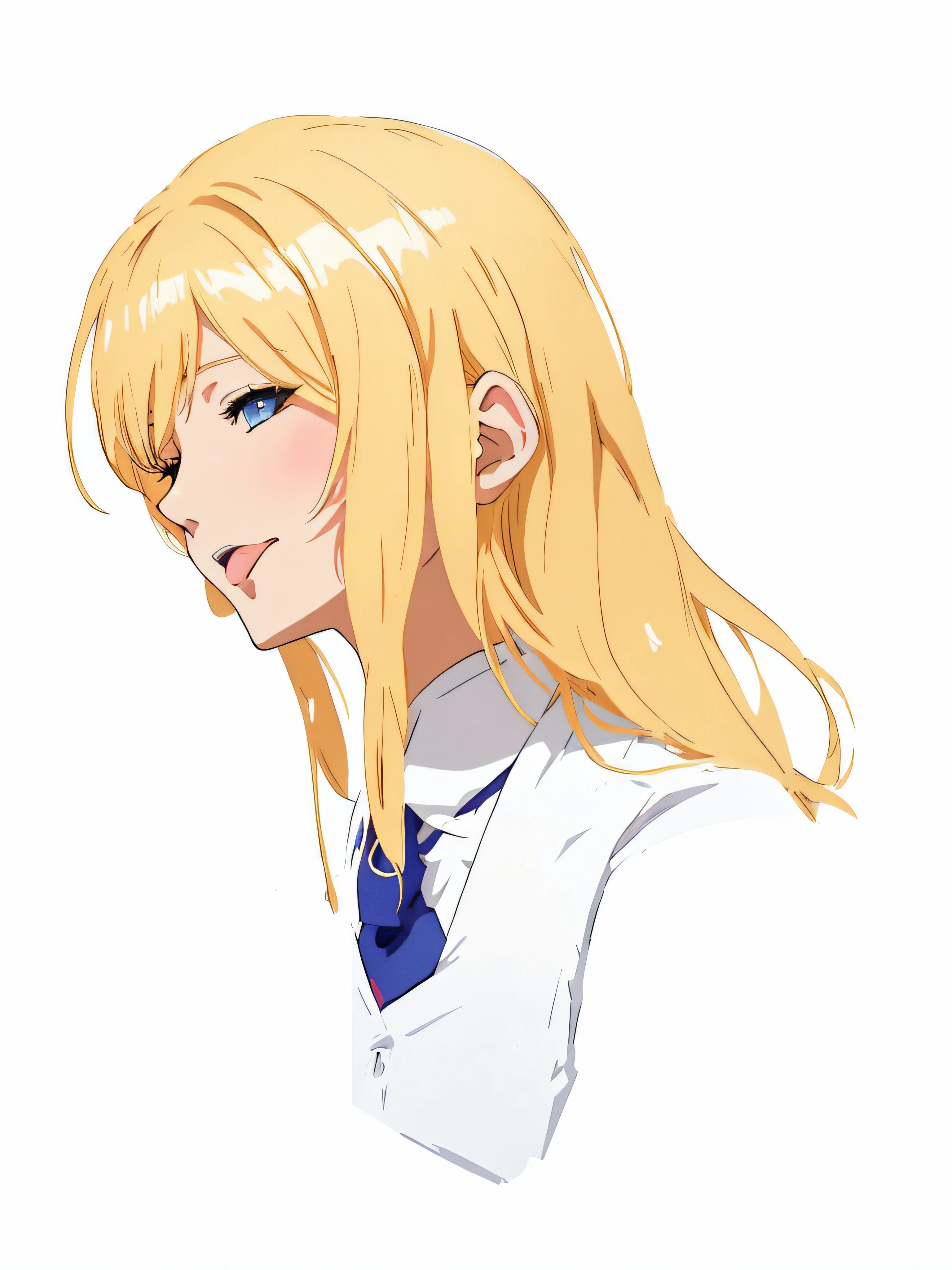 Anime – style image of blonde woman with blue tie, Rei Hiroe, made with anime painter studio, painted in anime painter studio, blonde anime girl with long hair,, [[[[grinning evily]]]], anime style portrait, profile、student clothes、put out the tongue、(top-quality、​masterpiece:1.2)、high-level image quality、illustratio、I'm sticking out my tongue、