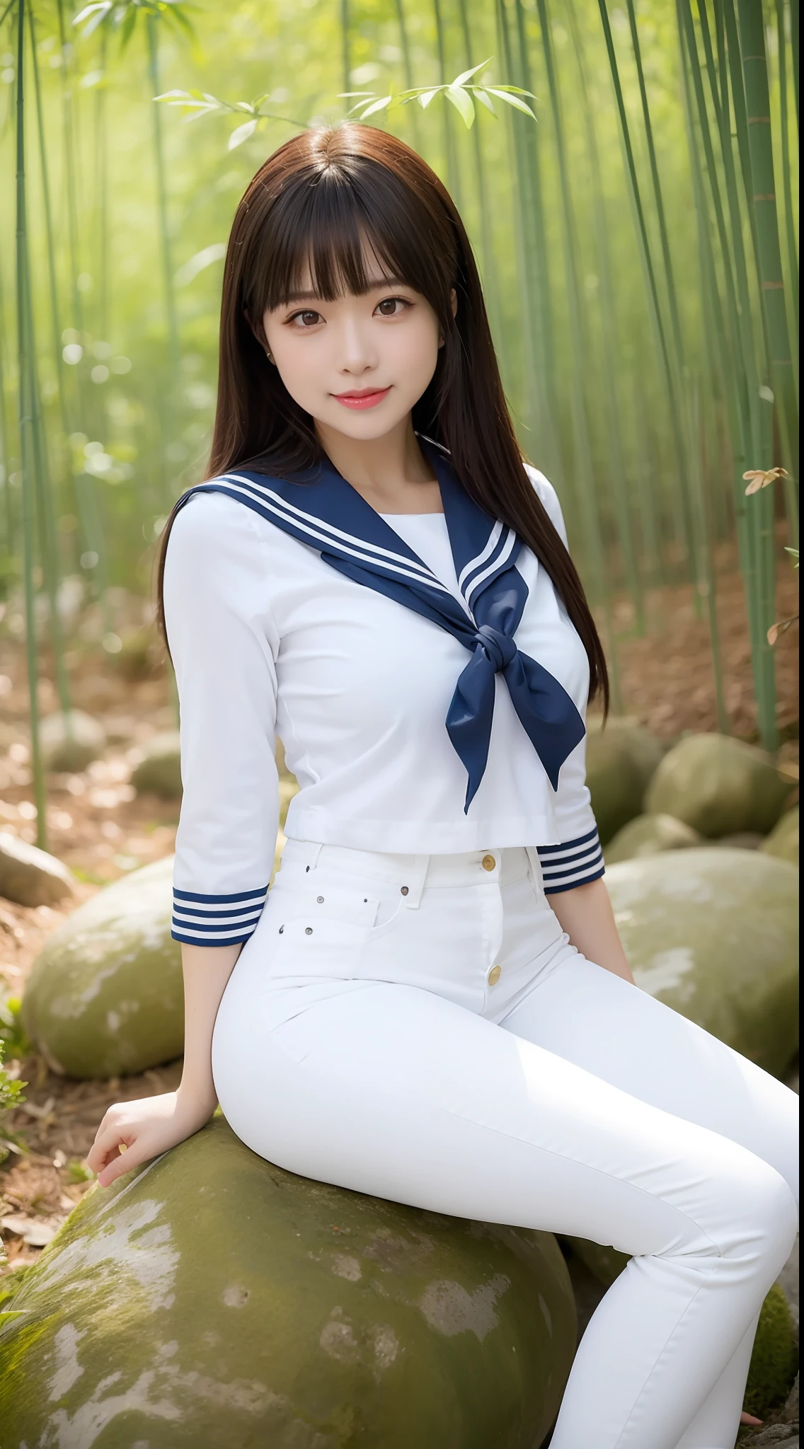 a pregirl，Thirty year old, ssmile, looking at viewert, sailor uniformm,skintight jeans, photore, realisticlying, Best quality at best, employee, 详细的脸, Sitting on a large rock in the middle of a bamboo forest, diffuselighting, depth of fields, Background bokeh