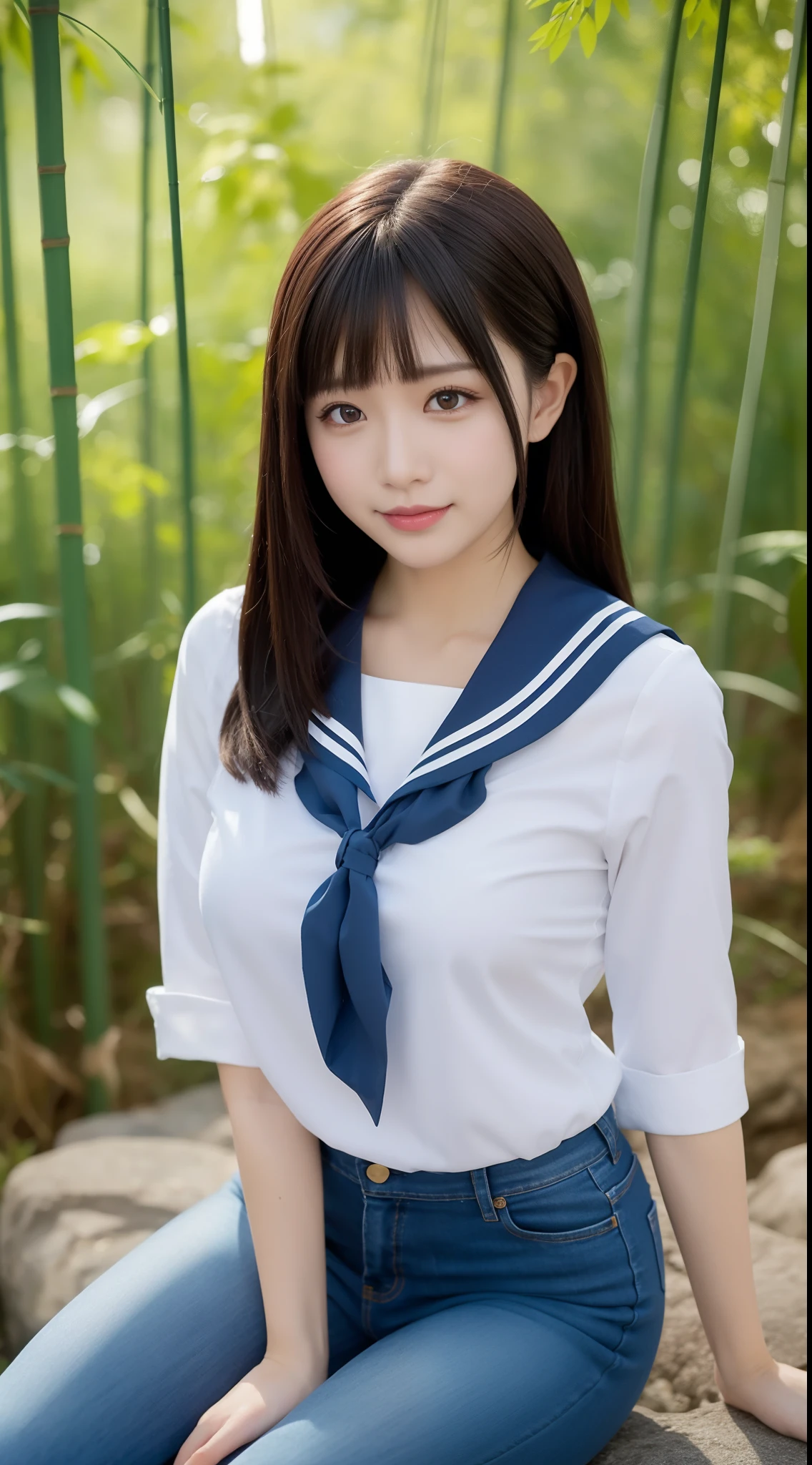 a pregirl，Thirty year old, ssmile, looking at viewert, sailor uniformm,skintight jeans, photore, realisticlying, Best quality at best, employee, 详细的脸, Sitting on a large rock in the middle of a bamboo forest, diffuselighting, depth of fields, Background bokeh