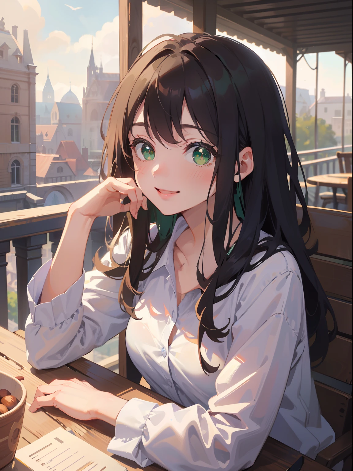 (masterpiece), (best quality), ultra high res, sharp focus, ((1 woman, solo)), upper body, dutch shot, beautiful detailed hair, chestnut brown hair, long hair tumbles down, beautiful detailed face, ((beautiful shape eyes, green eyes)), perfect feminine face, european style, smiles at the viewer, facing to the viewer, sitting on the balcony