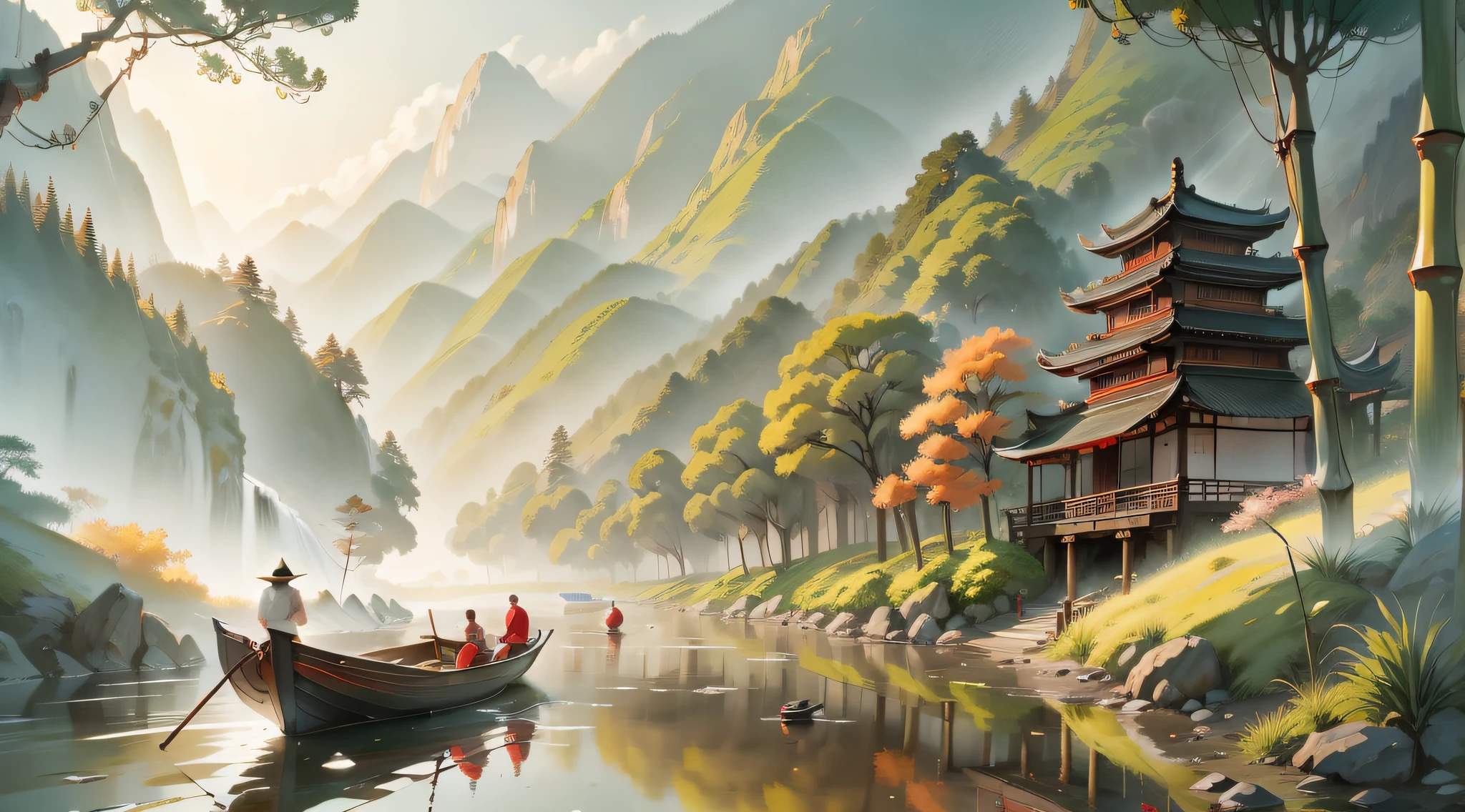 Chinese landscapes There are fishermen on board，Fishermen rowing in dress Boat on stream，There was light rain in the sky，The banks of the creek are covered with crisp bamboo and trees，very beautiful scenery，Incredibly beautiful，The time is early evening