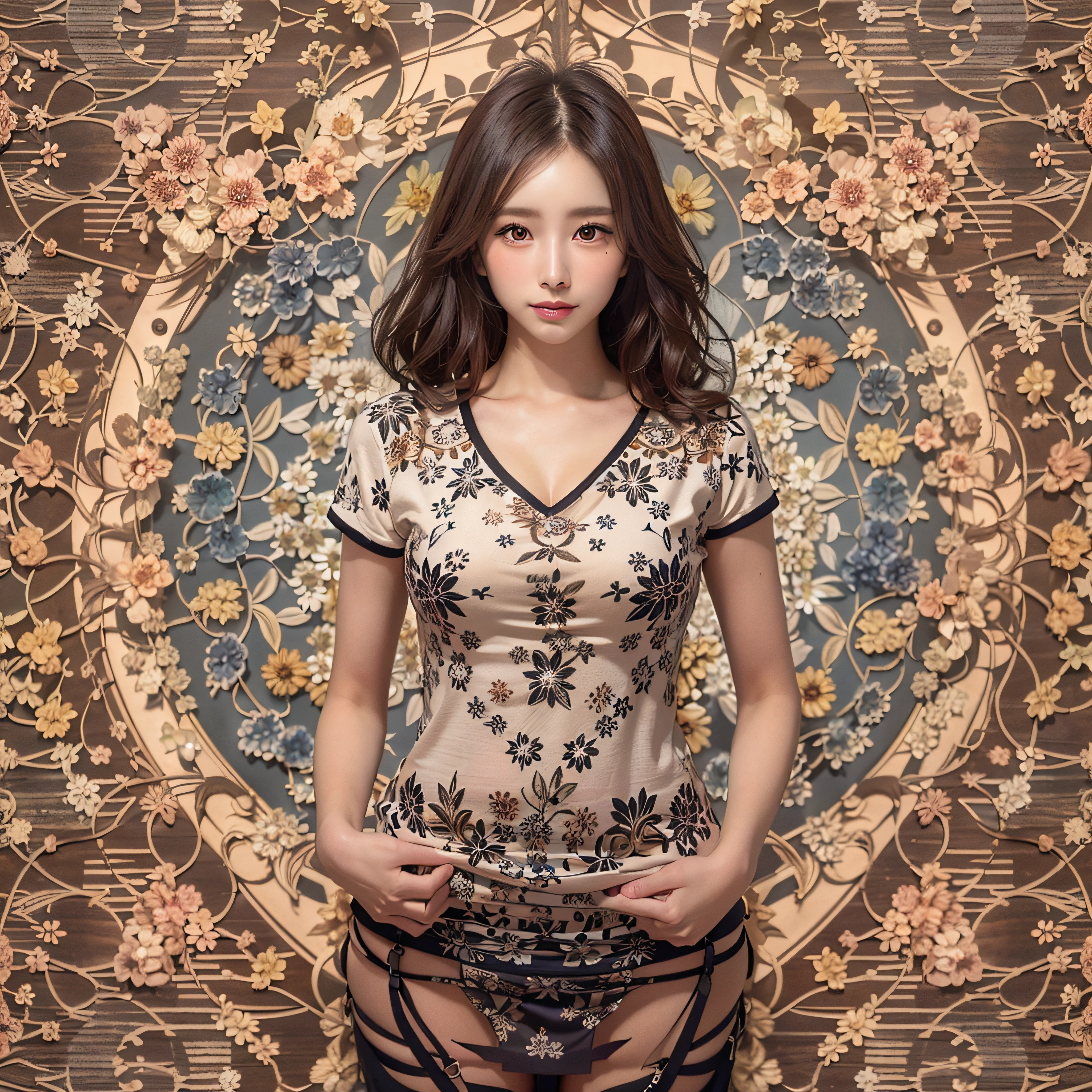 (Background, symmetrical, Compositions with coloful geometric arabesque patterns):1.3, (bon hair, dark brown hair), (top-quality, Photorealsitic:1.4, masterpiece:1.3, RAW Photography:1.2, cinematric light, very detailed illustration), (1woman:1.3, solo), (asian girl, ultra delicate face, ultra Beautiful fece, ultra delicate eyes, ultra detailed nouse, ultra detailed mouth, ultra detailed facial features), ite woman, (V-neckTThe shirt:1.3, a miniskirt), (medium breast:1.3), from the front side, skiny, lipgloss, Show cleavage