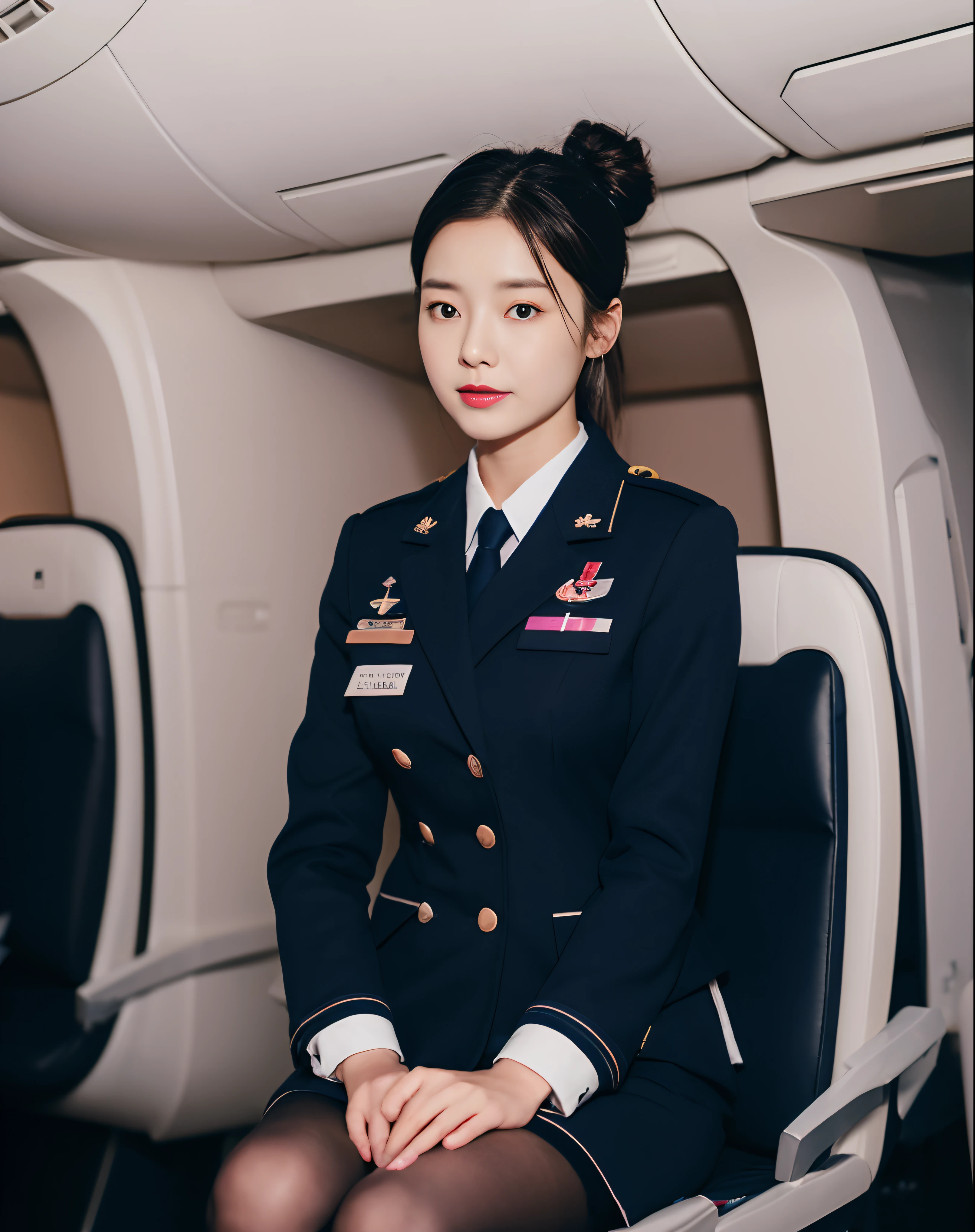 Solo,(8K, Best quality: 1.2), (Masterpiece, Photorealistic: 1.3), Super detail, Anatomically correct,A young Korean flight attendant in her 20s, Black bun, Pink lipstick, Navy blue jacket, Black tights, Black heels,Aircraft cabin,Stand in the aisle