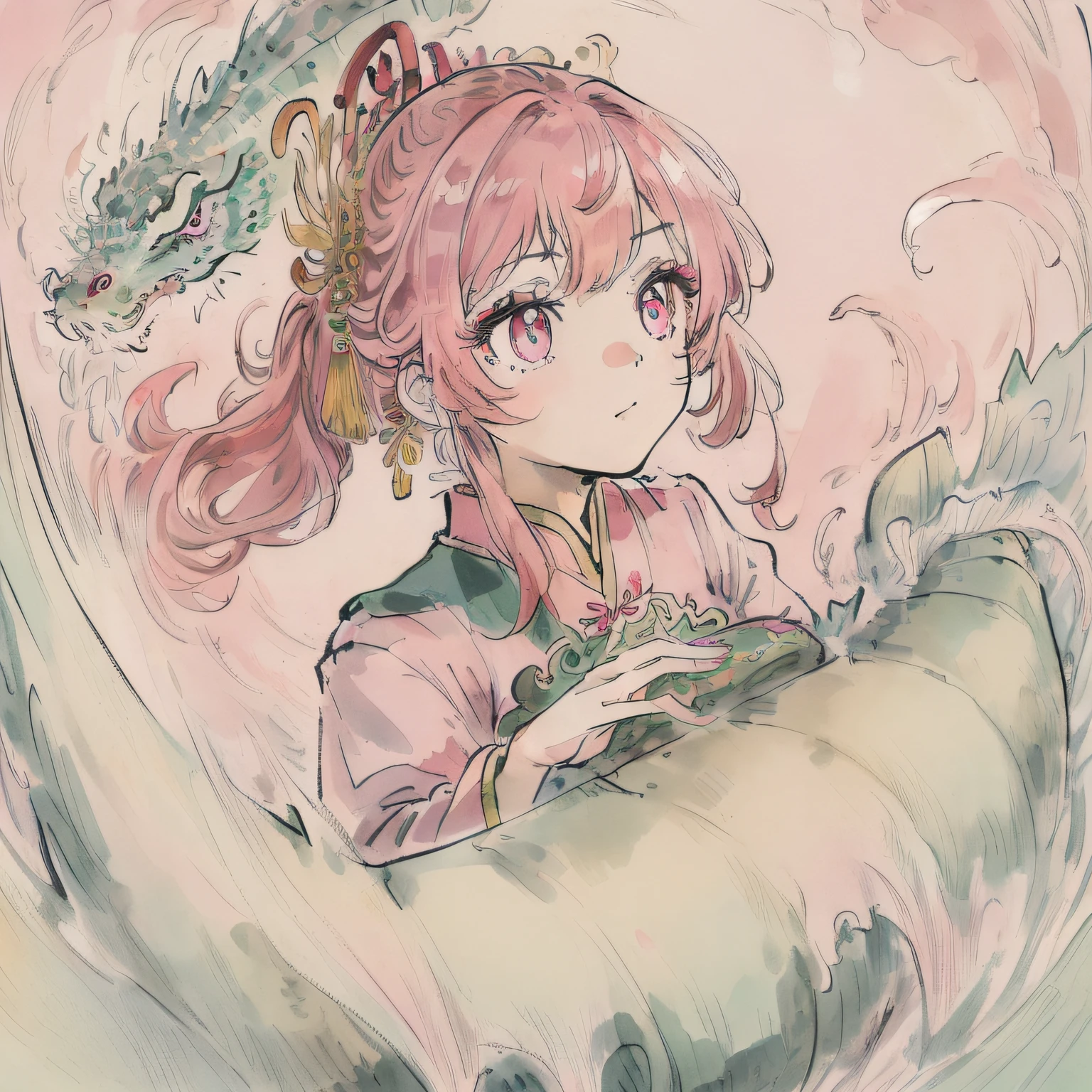 ((masterpiece)),((best quality)),(ultra-detailed),(illustration),((an extremely delicate and beautiful)),(dynamic angle),chinese dragon,china,1girl,(beautiful detailed eyes),cute pink eyes,green pupil,detailed face,upper body,messy floating hair,disheveled hair,focus,perfect hands
