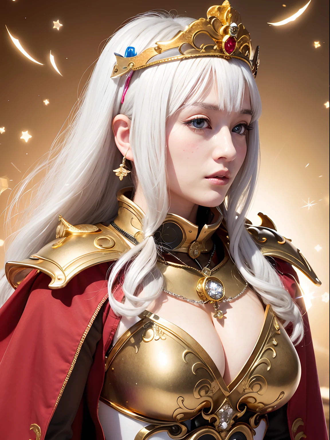 (masutepiece), Professional , masterpiece、top-quality、photos realistic , depth of fields (Gemstone Silver Metal Body:1.9),(Matte White、Jewel Gold Weapon(Jewel Metal Body:1.4),Gorgeous metal weapons , Detailed Sword of the Brave , Beautiful knife ,warhammer 40k , adepta sororitas,Detail and ornate jewel crown、Golden hair、Gangle's forest background、Beautiful Caucasian beauty、1a person、dynamic ungle,(((Detailed and ornate diamond crown)))、Smaller head、A smile、Background inside the castle、Thin and beautiful female hands、cleavage of the breast、Soldier in iron armor on background、Soldier in iron armor on background、Mystical expression、Light Effects、