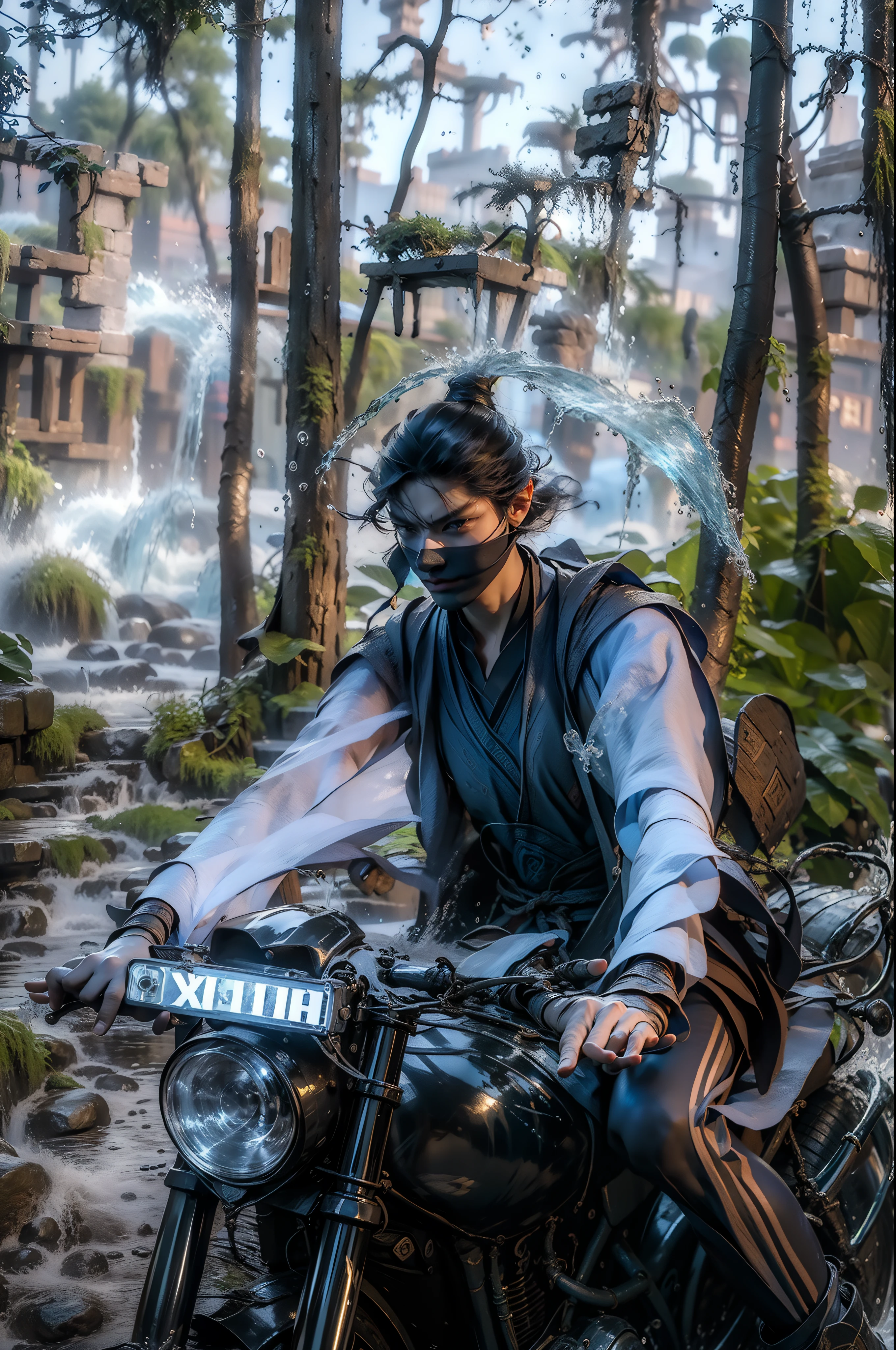 Imperial water,Surrounded by water jets,Splashes in the air,1boys,8K,Realiy,Man standing,Surrounded by water jets,The legend of Xianxia,Fantasy world,Xia customer service appeared,Handsome face,Look straight ahead,intricately details,tmasterpiece:1.2,best qualtiy, change background