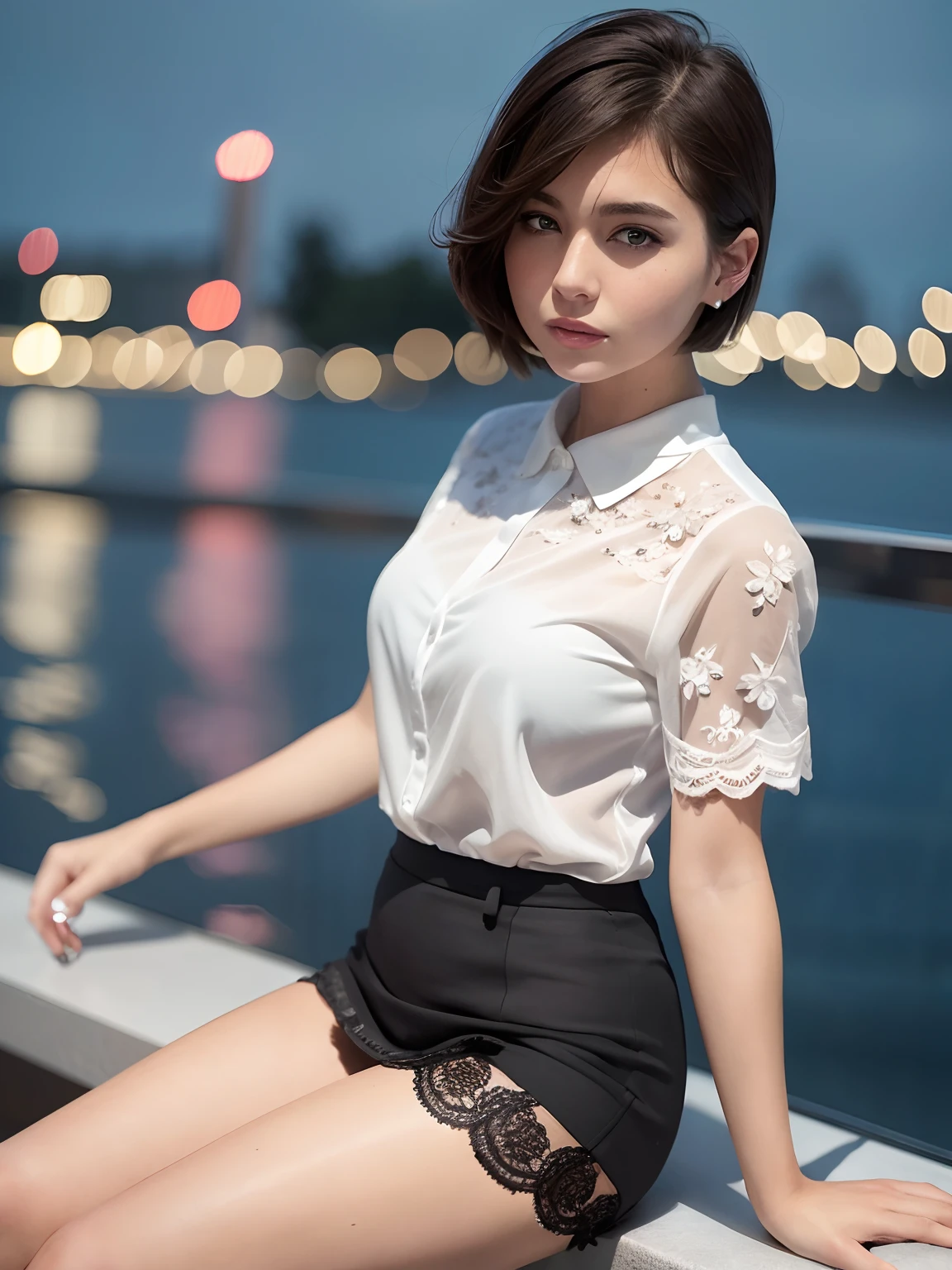 (64K, UHD, Best Quality, Masterpiece: 1.2), (Realistic, Photorealistic: 1.37), Super Detailed, Girl 1 Person, Cute, Solo, Beautiful Detailed Sky, Detailed Cafe, Night, Sitting, Date, (Blush), (Smile: 1.15), (Closed Mouth) Small, Beautiful Fine Eyes, (Shirt with Collar: 1.1), Night, Wet, Office Clothes, Rain, White Lace, (Short Hair: 1.2) NovaFrogStyle