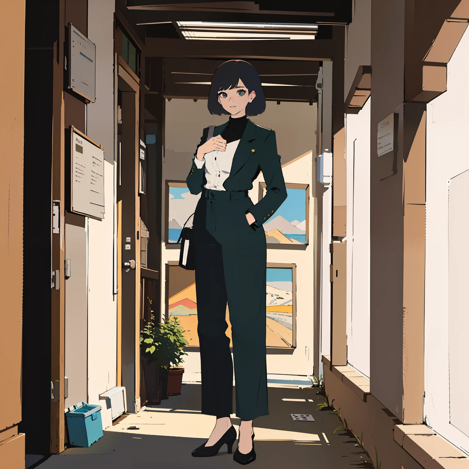 A beautiful woman, standing in shart and pant