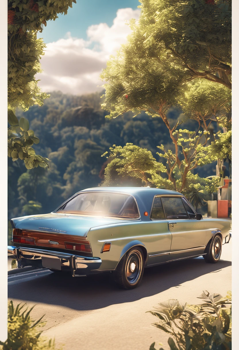 The car is driving on the highway，The road ahead is full of ups and downs，The road is lined with greenery，There are flowers，The sun shines through the upper right corner，The Tyndall effect is produced，and the sun was shining brightly，with blue sky and white clouds，Fresh air，hyper-detailing，ultra-realistic realism，Realiy