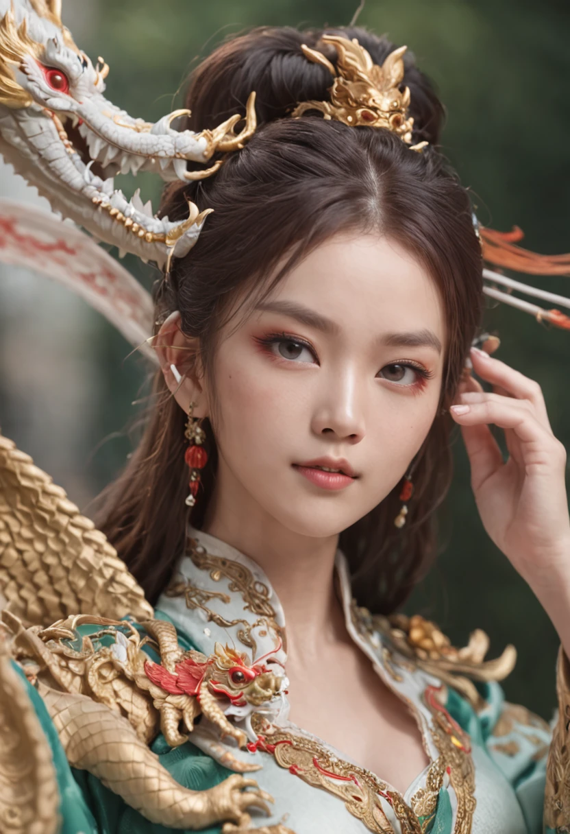 (masterpiece), (best quality), (super delicate), (illustration), (extremely delicate and beautiful), (dynamic angle), white and black highlights, (Chinese dragon background), China, 1 girl, Hanfu, (complex details) (beautiful and delicate eyes), golden eyes, green pupils, delicate face, upper body, messy floating hair, messy hair, focus, perfect hands, (fantasy wind),large breast,breast out