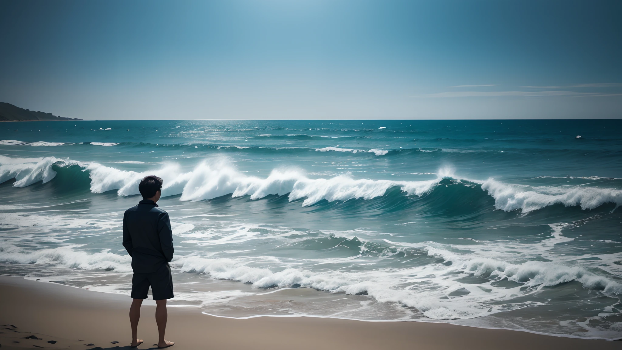 Man standing by the sea,The sea breeze ruffled his hair,Face away from the camera(Bust photo)。The sea and sky in the distance,Nearby waves wash the beach。Realistic photos of bioluminescent beach and bioluminescent waves taken by DSLR camera,canon eos 5d mark iv,Focus sharply with the correct lens,Highly detailed RAW photos,Shutter masterpiece,Professional photos of the highest quality,an award winning photograph,lightand shade contrast。Large wide angle。