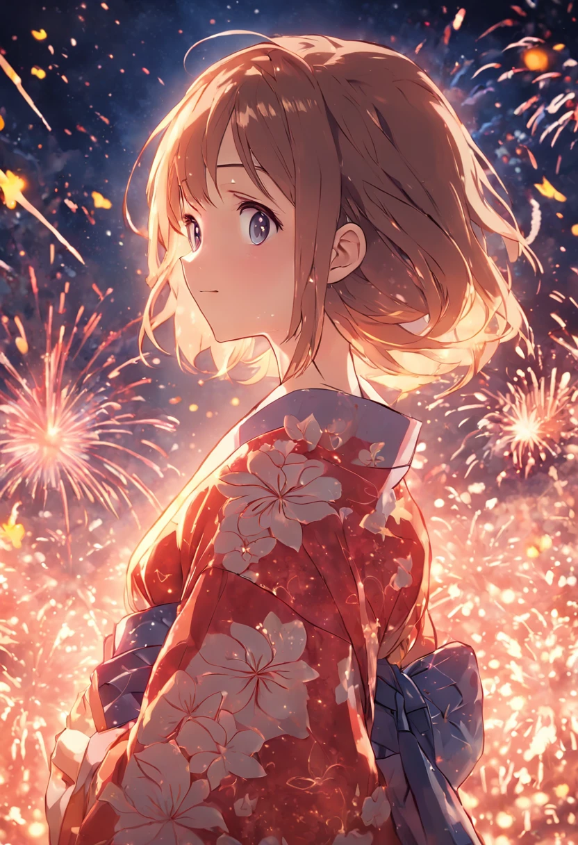 "(((One beautiful woman))), Soio, masuter piece, Best Quality, Elegant anime style, Yukata outdoors, Spectacular Pyrotechnics, Star mine with a large number of fireworks, Distant shots, posterior view, night scene, Shy smile, Bokeh effect and depth of field, high key light"