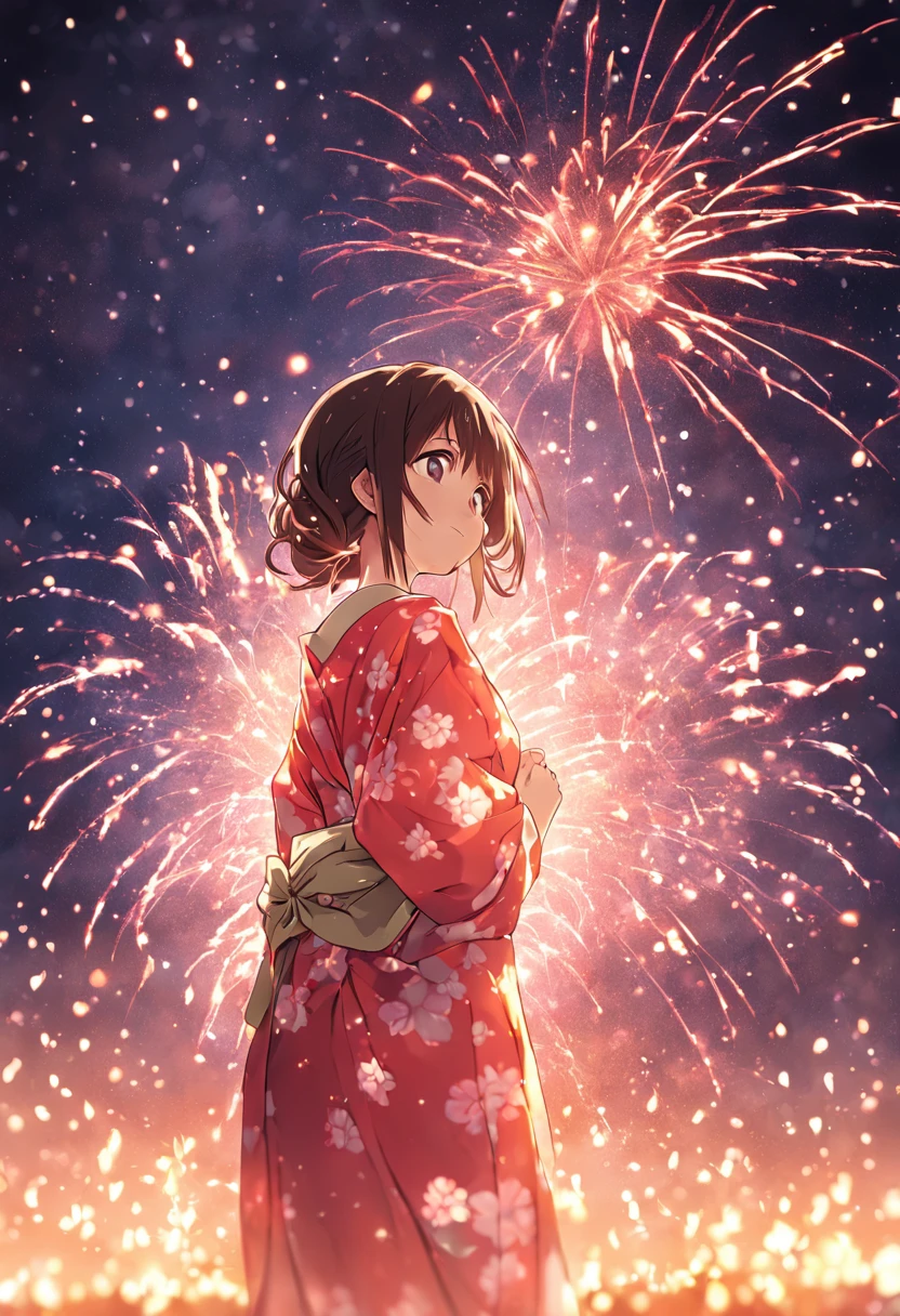 "(((One beautiful woman))), Soio, masuter piece, Best Quality, Elegant anime style, Yukata outdoors, Spectacular Pyrotechnics, Star mine with a large number of fireworks, Distant shots, posterior view, night scene, Shy smile, Bokeh effect and depth of field, high key light"