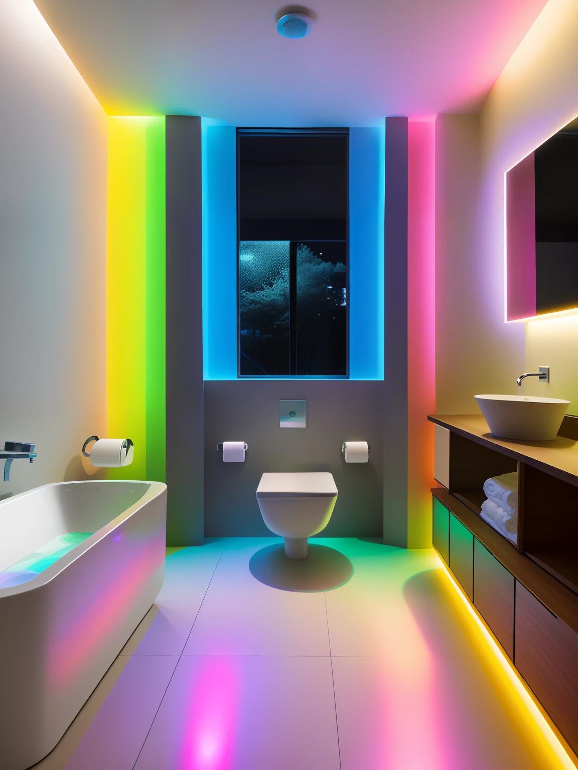 The bright bathroom has a separate bathtub and sink, rainbow lighting, colored lighting, volumetric rainbow lighting, Colorful lighting, rgb gamer toilet, led light strips, Dramatic colored lighting, Colourful lighting, Colored indicators, Dramatic colored lights, RGB lighting, Luminous interior lighting, rgb led lights, Cheerful ambient lighting, extremely luminous bright design, rgb ethereal lighting