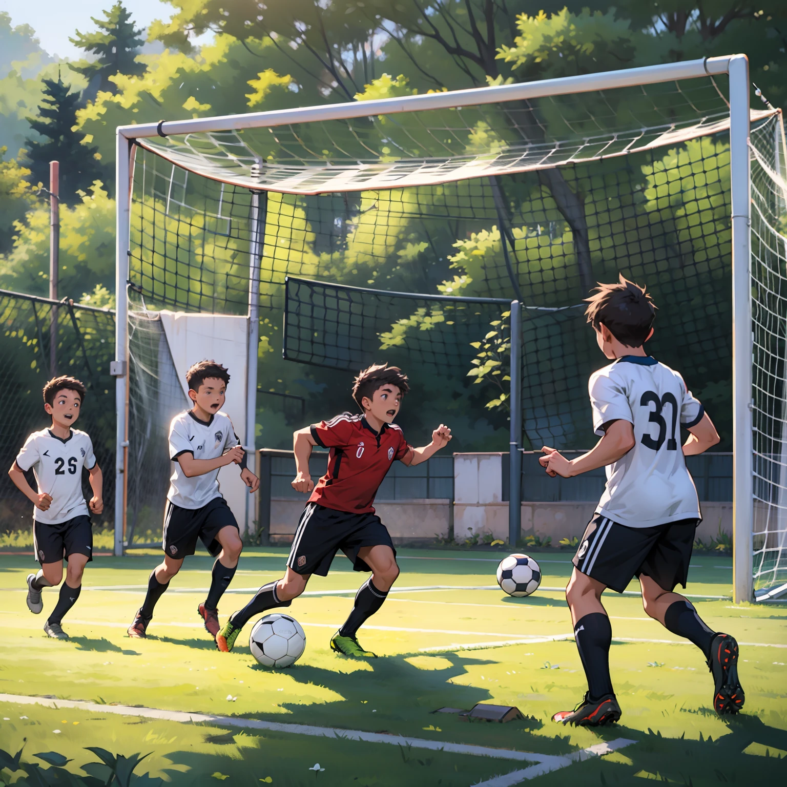 A group of boys playing soccer,soccer court
