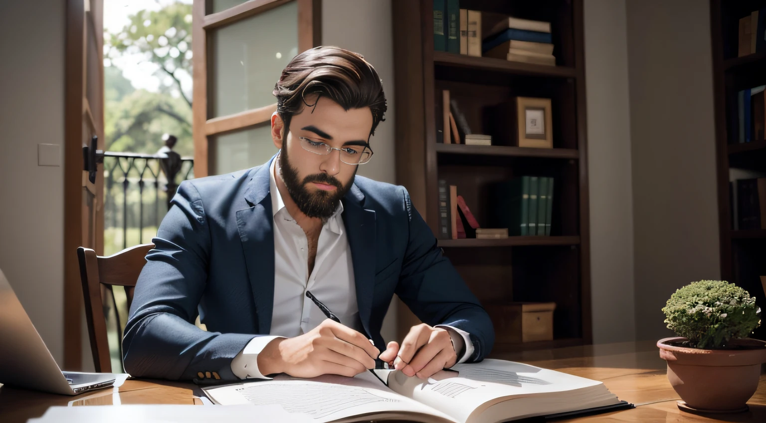 Assim como um jardim requer cuidado, attention and patience to grow and flourish, o desenvolvimento pessoal envolve nutrir nossas habilidades, conhecimentos e bem-estar emocional ao longo do tempo. Uma imagem de um homem, jovem e de barba, cuidando do seu desenvovimento, estudando. scenecy, uma biblioteca, in the eighteenth century style, com uma grande janela para um jardim, e um inverno com neve. Imagem ultradetalista, alta resolução, cores vivas e HDR. F/2.8, escritorio