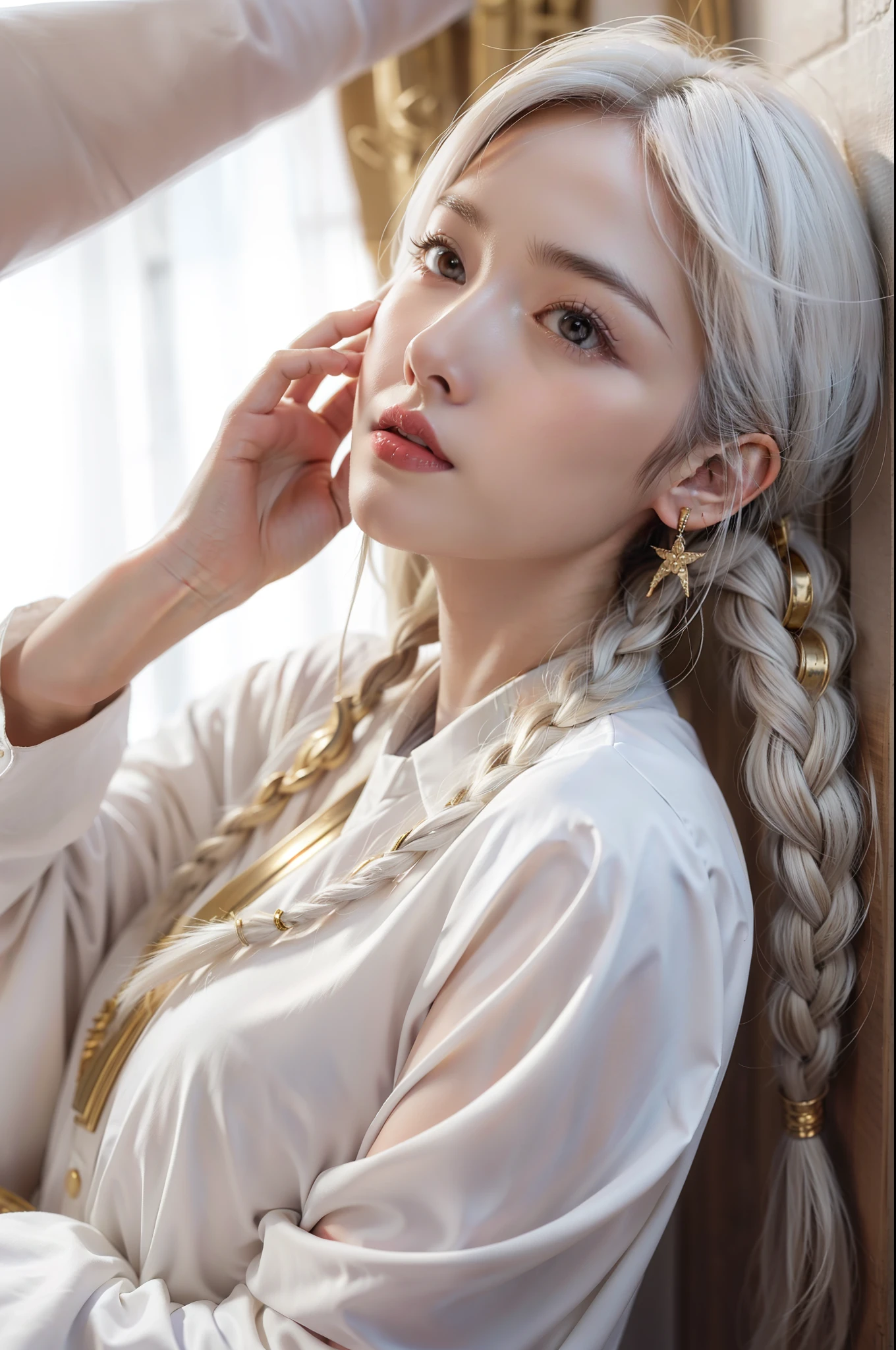 best quality, masterpiece,white hair, gold eyes,white clothes, looking up, upper body,hair strand,Fair skin,side braids