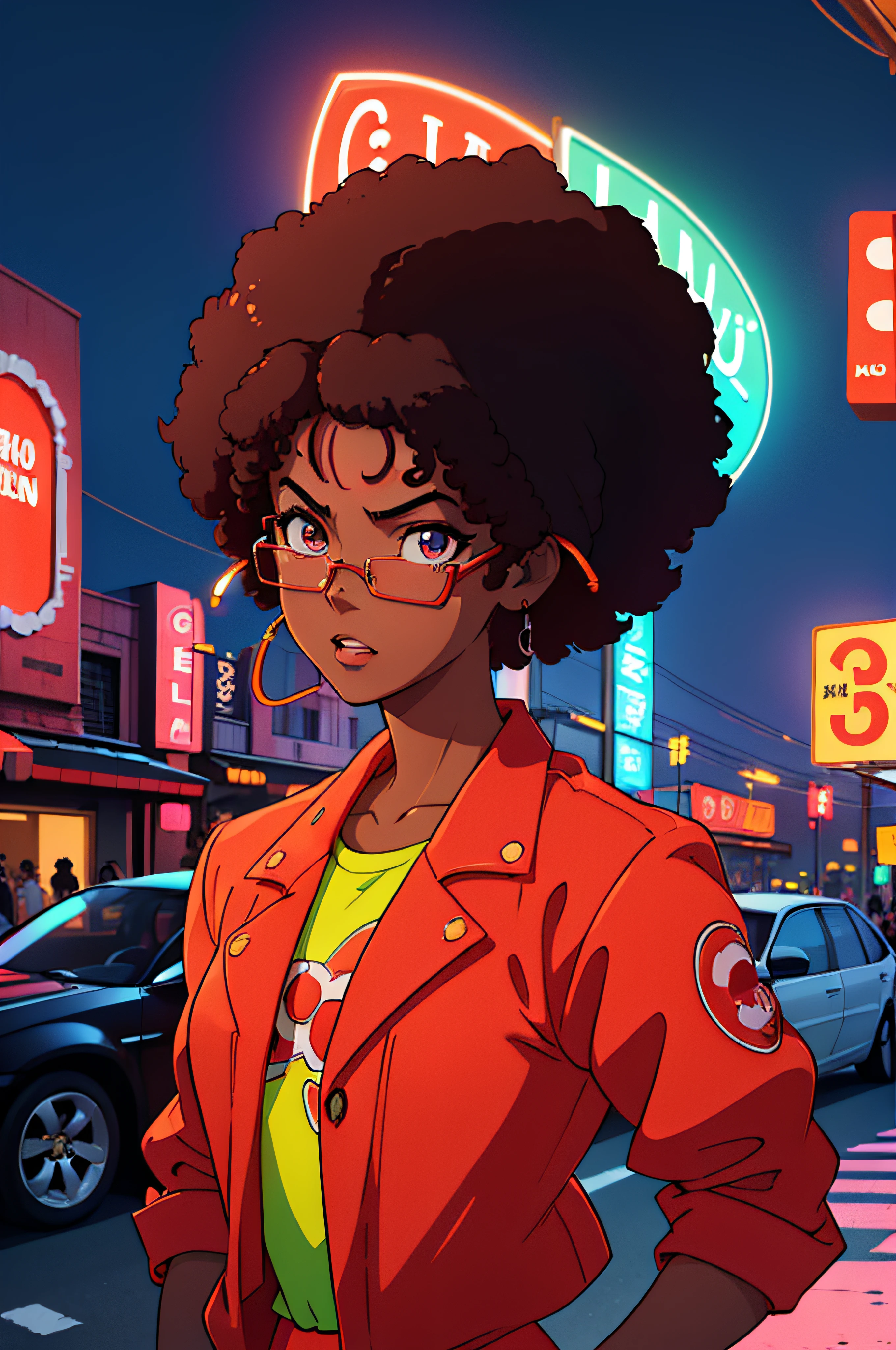 ((Personagem de anime afrodescendente:1.2), (with a red classic car behind with neon lights) ((urban backdrop:0.8), (luzes neon brilhantes:1.1))