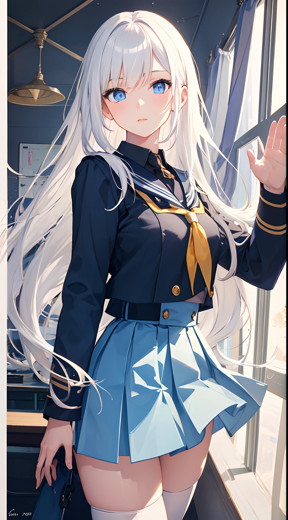 1girl, solo, long hair, white hair, blue eyes, beautiful detailed eyes, white thighhighs, school uniform, light ray, colorful, high contrast, (masterpiece), wallpaper,