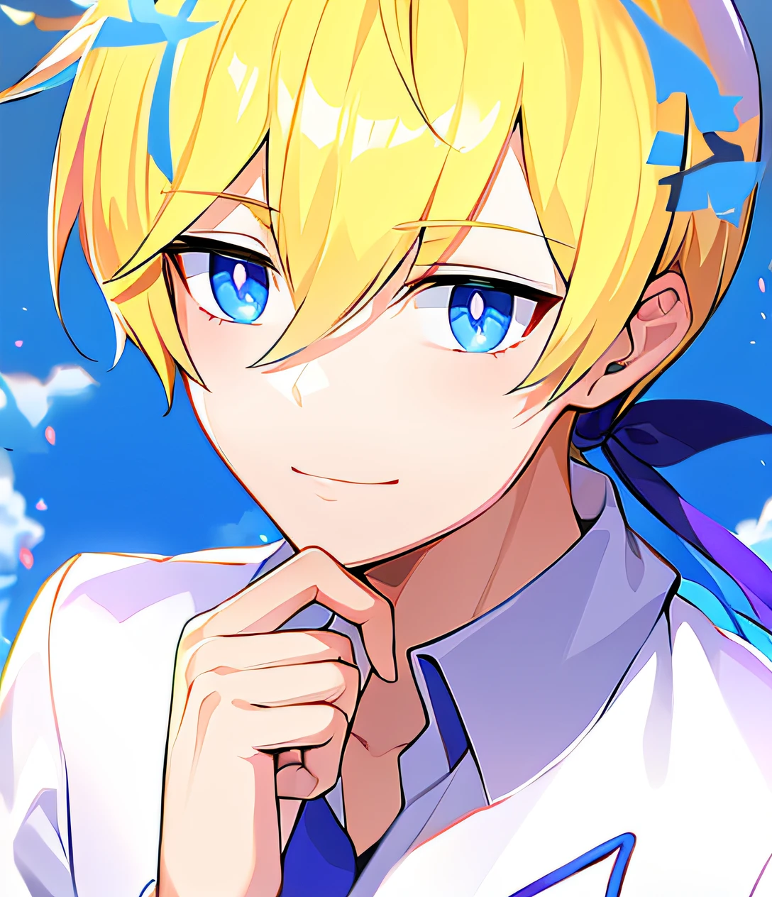 personagem de anime com cabelo loiro e olhos azuis em uma camisa branca, portrait of magical blond prince, delicate androgynous prince, Beautiful androgynous prince, anime moe artstyle, jovem homem de anime, Artoria Pendragon, estilo anime como destino/noite de estadia, personagem de anime masculino, pose de anime bonito, cara de anime alto com olhos azuis, tou, anime