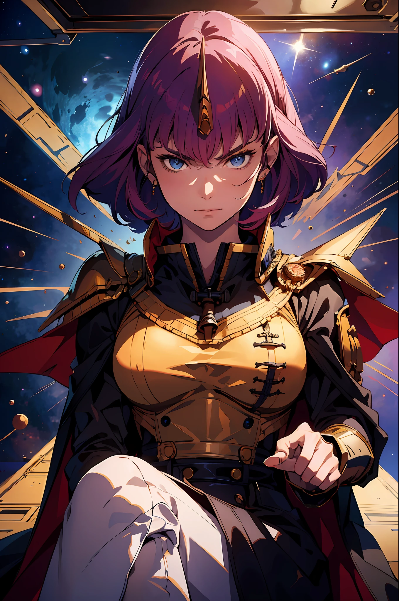 absurdres, (best quality), (masterpiece),(ultra-detailed:1.2),(photorealistic:1.2),(highres),(front:1.3),upper body,
1girl,solo,sitting,mature women,angry,Forehead wrinkles,shaded face,cape,bare shoulder,golden embroidery,elaborate ,
haman karn, (spats:1.1),
expressionless,
(cockpit:1.5),(space:1.1),universe,
dark theme,