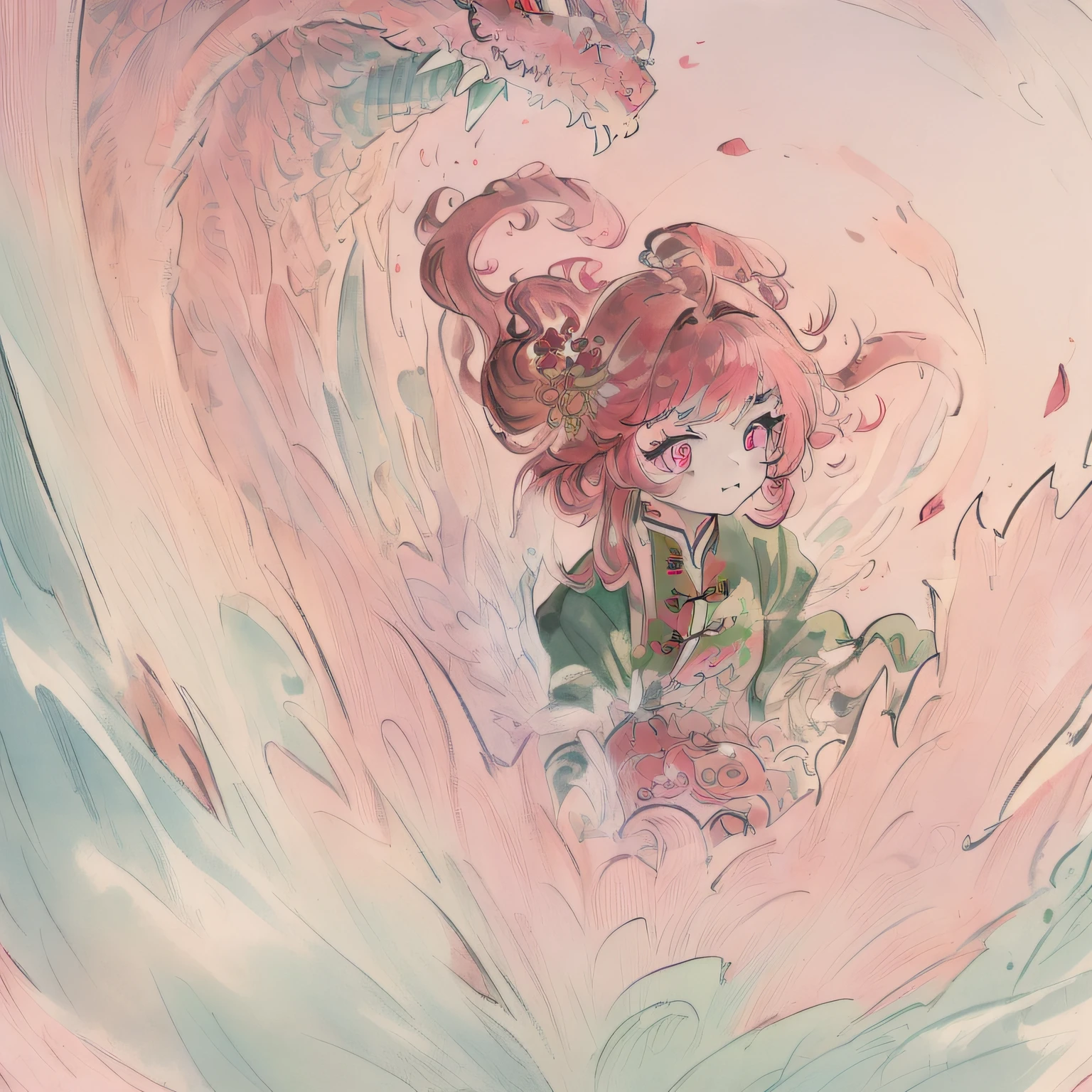 ((masterpiece)),((best quality)),(ultra-detailed),(illustration),((an extremely delicate and beautiful)),(dynamic angle),chinese dragon,china,1girl,(beautiful detailed eyes),cute pink eyes,green pupil,detailed face,upper body,messy floating hair,disheveled hair,focus,perfect hands