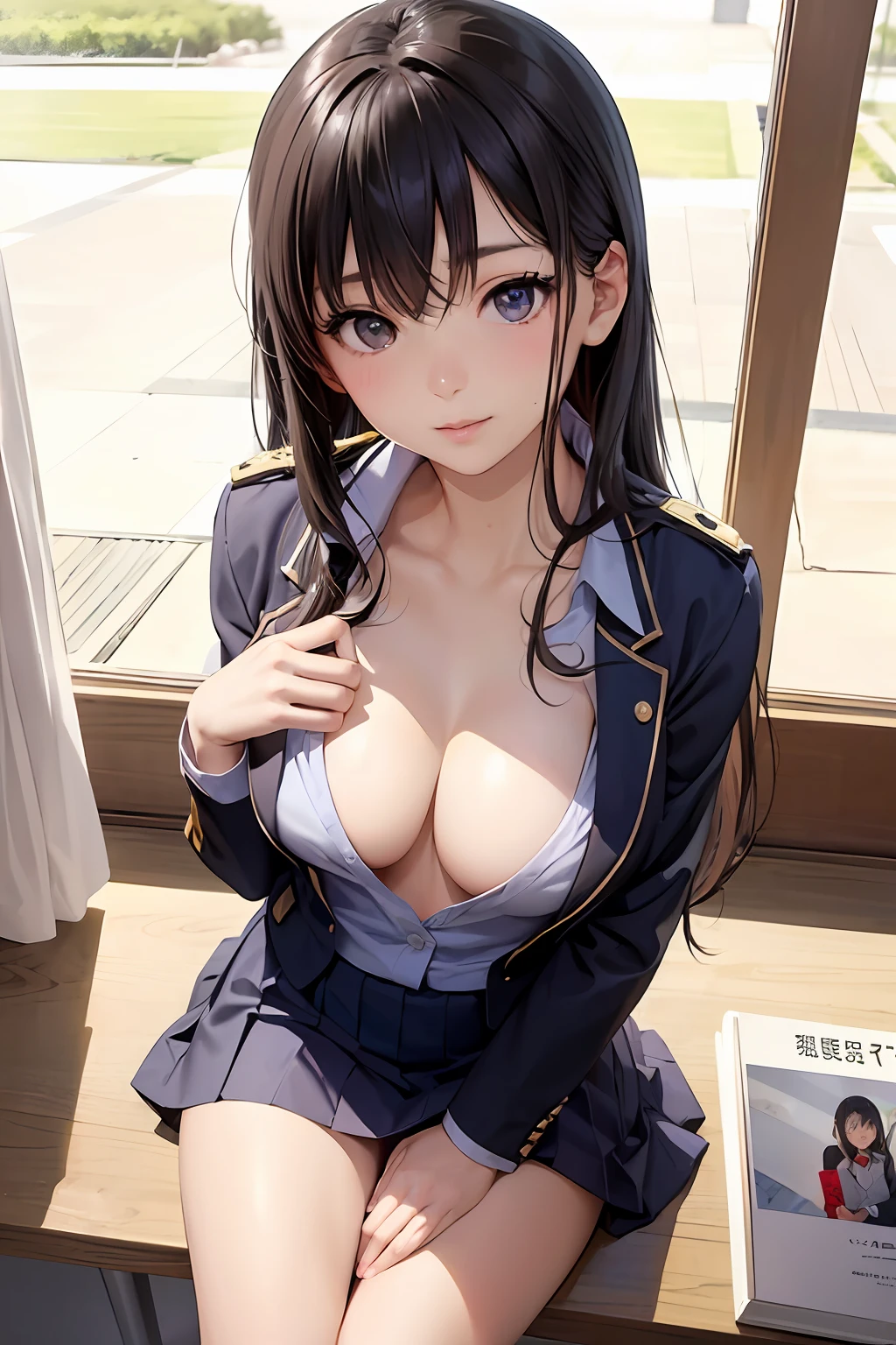 Japan girls in uniform, a hyperrealistic schoolgirl, a hyperrealistic schoolgirl, Japan school uniform, Open Shirt, japanese girl school uniform, wearing japanese school uniform, Open V chest clothes, Revealing clothes, Cute Schoolgirl, full subject shown in photo, Seifuku, wearing in shirt, Bottom Angle