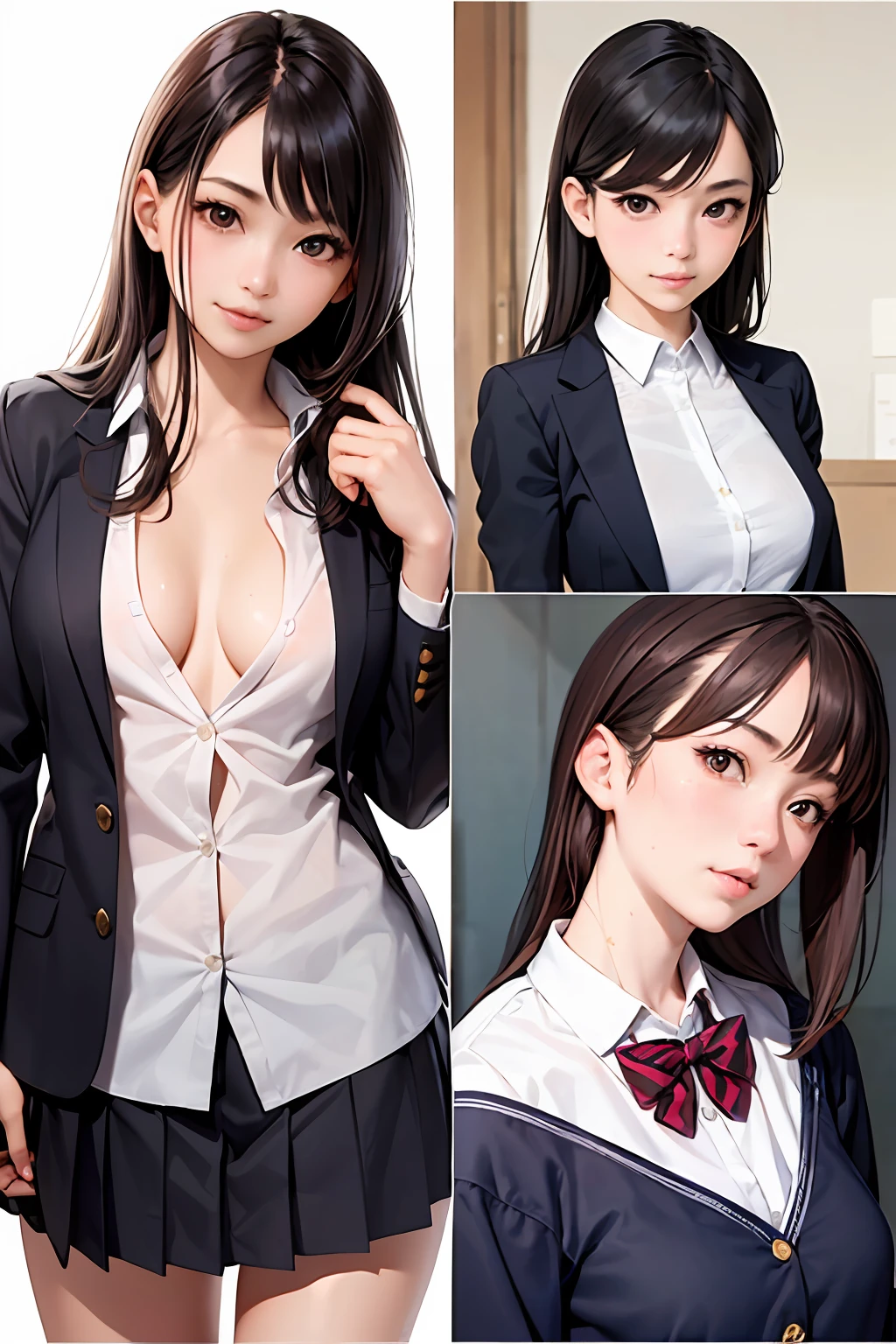 Japan girls in uniform, a hyperrealistic schoolgirl, a hyperrealistic schoolgirl, Japan school uniform, Open Shirt, japanese girl school uniform, wearing japanese school uniform, Open V chest clothes, Revealing clothes, Cute Schoolgirl, full subject shown in photo, Seifuku, wearing in shirt, Bottom Angle