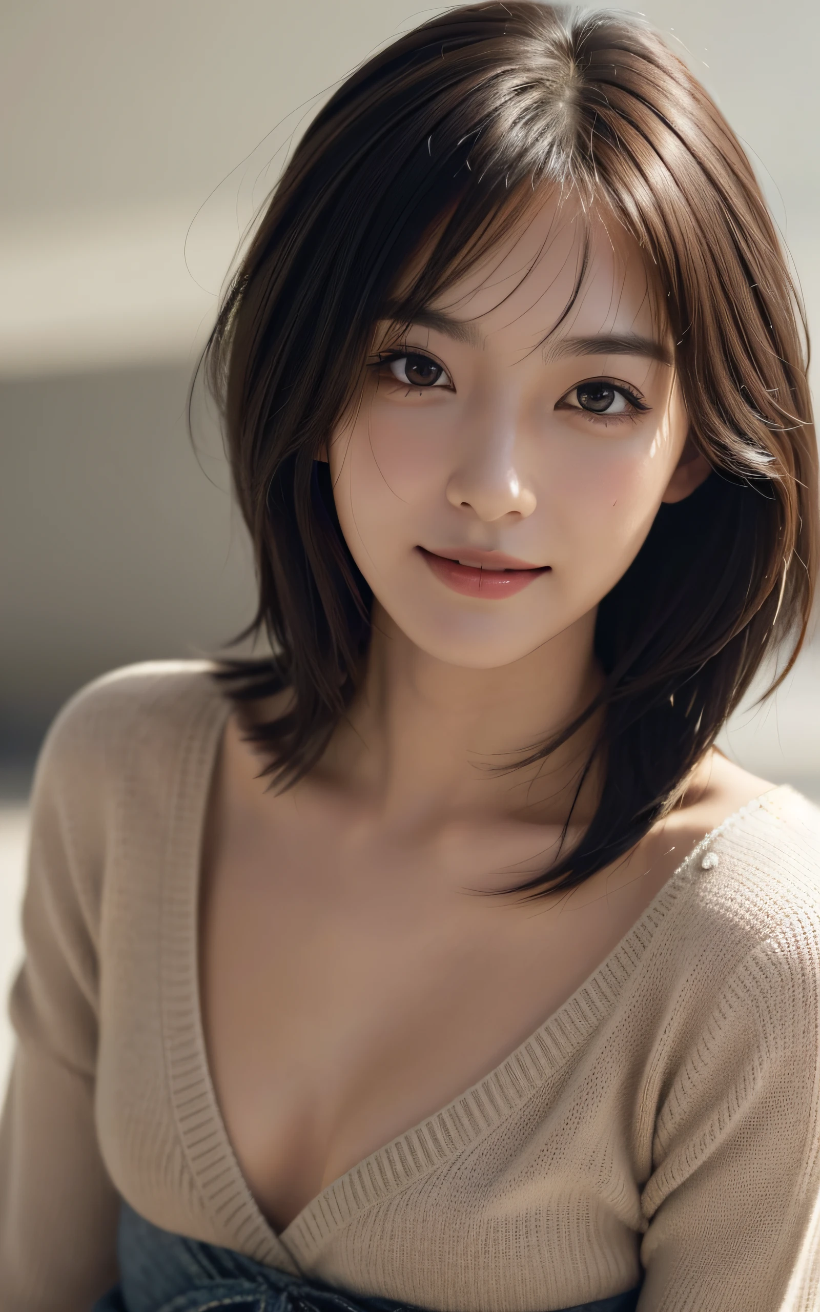 Masterpiece, best picture quality, high quality, beautiful Japanese girl, cute, gravure idol figure, detailed, detailed eyes, detailed skin, beautiful skin, ultra high resolution, (reality: 1.4),very beautiful, slightly younger face, beautiful skin, slender, (ultra realistic), (highresolution), (8K), (very detailed) (beautifully detailed eyes), (super detailed), (wallpaper), (detailed face), looking at viewer, fine details, detailed face, smiling, sweater, pants, looking straight ahead, looking straight ahead, angle from waist up, realistic photo, bright lighting, professional lighting, mature woman, (Brown hair, bob hair, layer cut, swaying in the wind, Bangs),