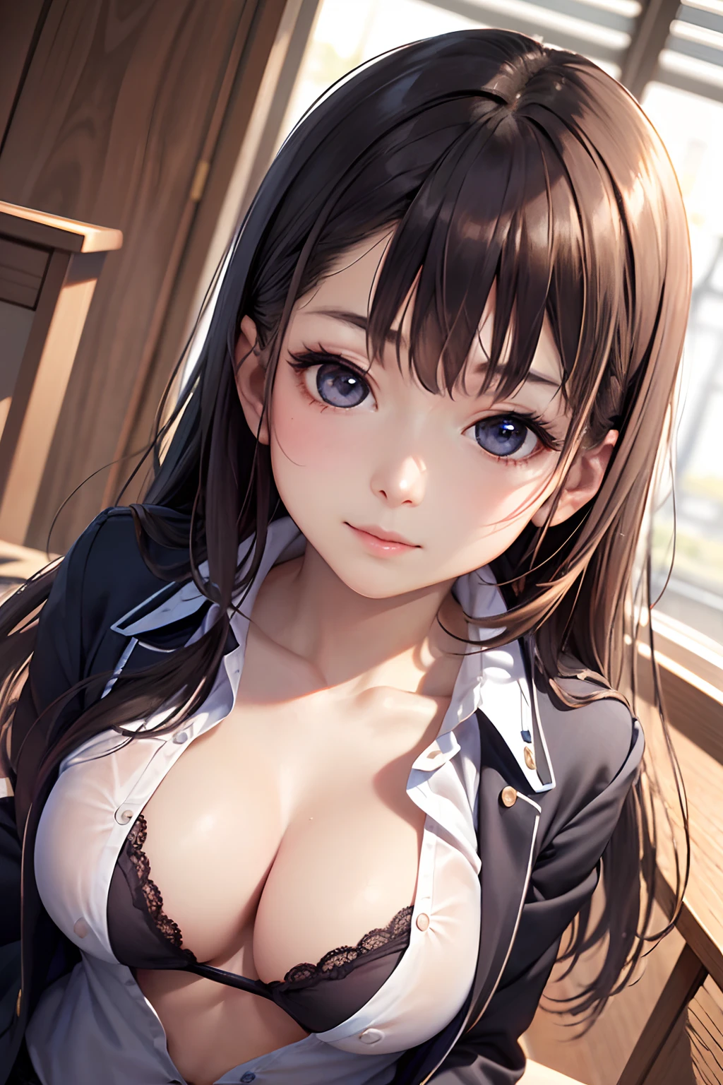Japan girls in uniform, a hyperrealistic schoolgirl, a hyperrealistic schoolgirl, Japan school uniform, Open Shirt, japanese girl school uniform, wearing japanese school uniform, Open V chest clothes, Revealing clothes, Cute Schoolgirl, full subject shown in photo, Seifuku, wearing in shirt, Bottom Angle