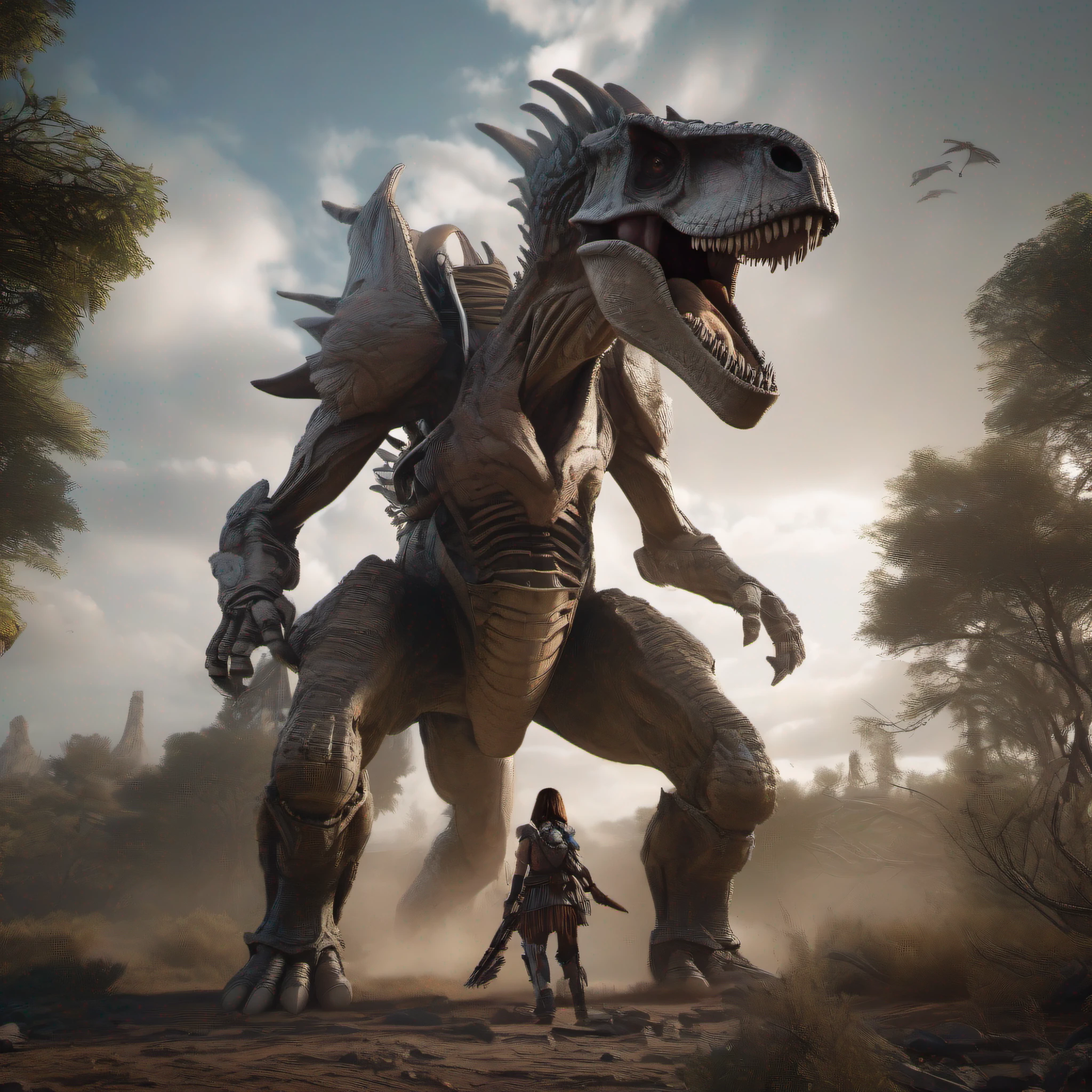 (photorealistic:1.4), ((Best quality, 8k, Masterpiece :1.3)), raw photo,(A giant dinosaur skeleton monster drawn with precision) , (beautiful female warrior wearing mechanical armor and holding a huge battle ax), (random hairstyles), Ultra-detailed face, (full body:1.3), wide angle lens, cinematic angle, Detailed eyes, (natural hand:1.5), ((Natural eyes and mouth))