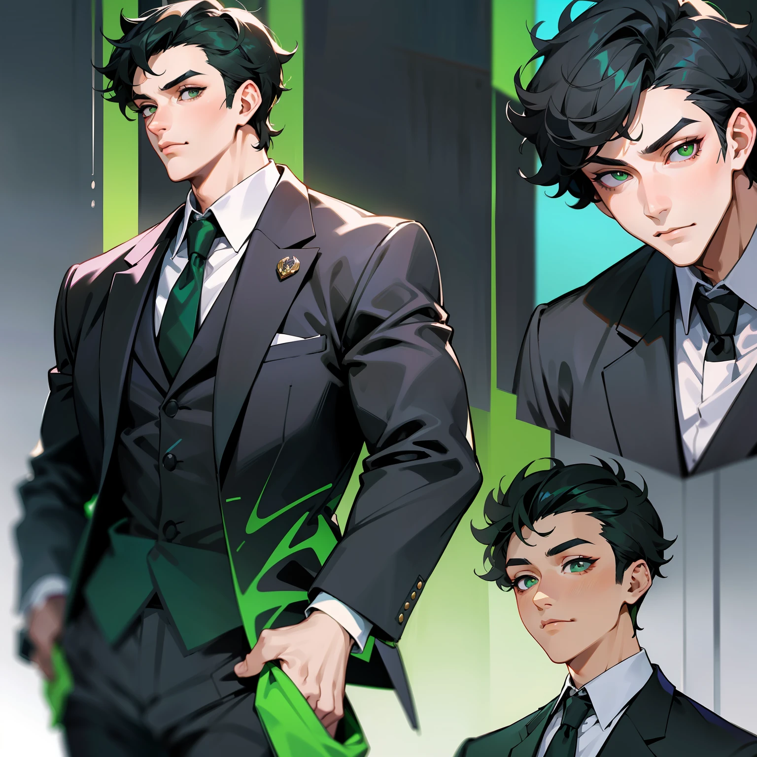 Young adult man, handsome, mature and steady, with eye shadow, black hair, short curly hair,Black pupils,Business suit,Green and white are the main colors of clothing