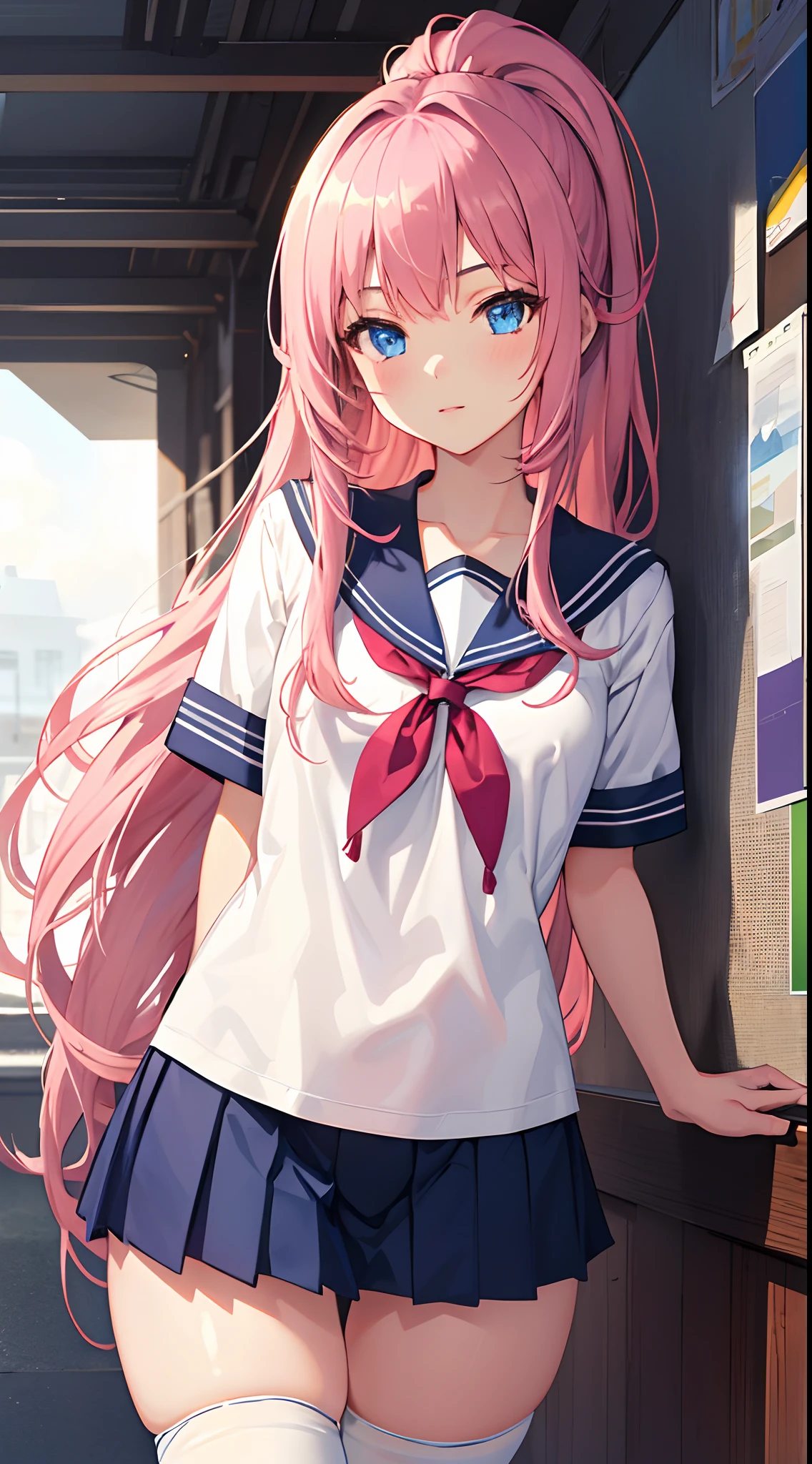 nodokaharamura, Haramura Notoka, Blue eyes, Hair Bow, Long hair, Pink hair, bow,
Black blue skirt, Kiyosumi school uniform, Pleated skirt, school uniform, serafuku, Skirt,
BREAK looking at viewer,
Break indoors, crass room,
Break (masutepiece:1.2), Best quality, high resolution, Unity 8k壁纸, (illustration:0.8), (Beautiful detailed eyes:1.6), extra detailed face, Perfect lighting, extremaly detailed cg, (Perfect hands, Perfect anatomy),