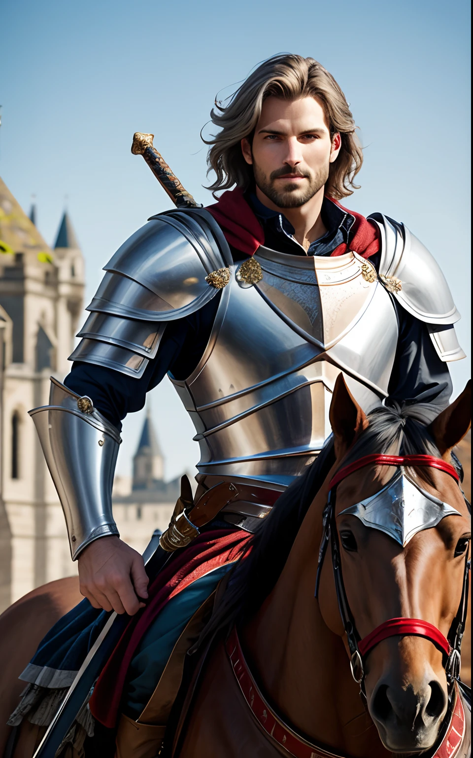 tmasterpiece,best qualtiy,The is very detailed,Original design,Unique accessories,medieval fantasy,professionally retouched,closeup cleavage,(male people:1.9),(Portrait of a noble male knight),Dignified,At noon,Sword and shield,Heavy armor,(sbeard:1.3),mounted on a horse,ssmile,red capelet,cheveux gris courts,musculous,