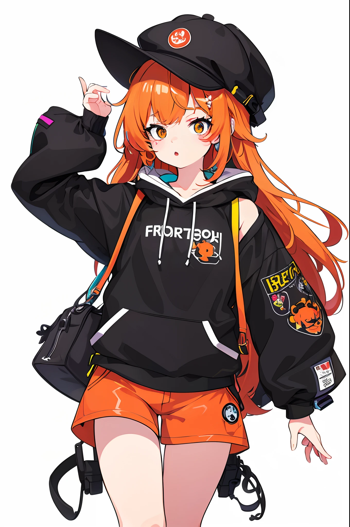 masterpiece, top-quality, Official Art, 8k wallpaper, ighly detailed, illustratio, 1 girl in, Orange hair, shortpants、hooded sweatshirt, Bear motif on hat