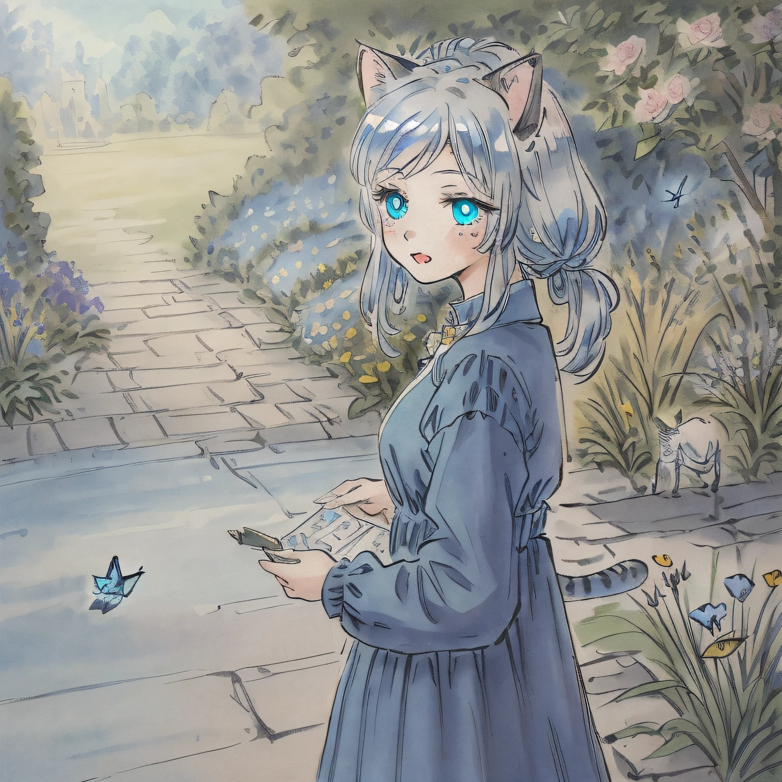 original, (masterpiece), (illustration), (extremely fine and beautiful), perfect detailed, photorealistic, (beautiful and clear background:1.25), (depth of field:0.7), (1 cute girl with (cat ear and cat tail:1.2) stands in the garden:1.1), (cute:1.35), (detailed beautiful eyes:1.3), (beautiful face:1.3), casual, silver hair, silver ear, (blue hair:0.8), (blue ear:0.8), long hair, coat, short skirt, hair blowing with the wind, (blue eye:1.2), flowers, (little girl:0.65), butterflys flying around
Common quality-class spells are used first,Then specify the screen theme(The cat lady is in the garden),You can also specify the screen elements(florals、butterflys)。Use a special color mixing method for color grading of the picture,For example, silver hair, A mix of blue hair,In the use of DDIM(The effects of other samplers need to be tested)when,There is a high probability that the hair color will be silver, but the overall picture will turn blue。This spell takes advantage of this feature for color grading of the picture。