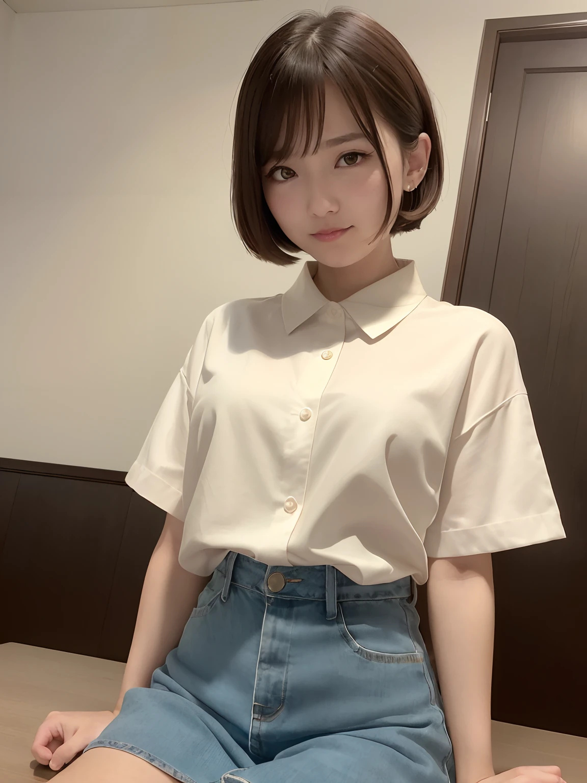 校服，white  shirt，lacepantyhose，pleatedskirt，tiese，rabbitears，Mai-chan，light  smile，mid_breats，Best quality at best，Behind the arm，On your stomach，Tortoiseshell binding