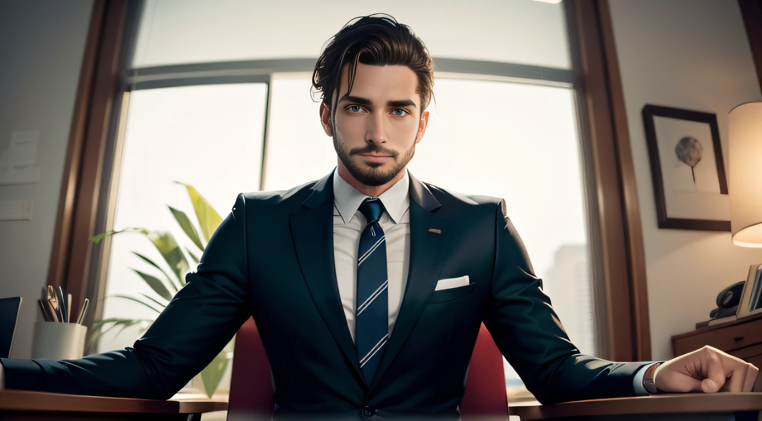 Um homem de 32 anos com terno, sitting directly in your chair in your luxury office, riqueza, rico, dinheiro, luxo