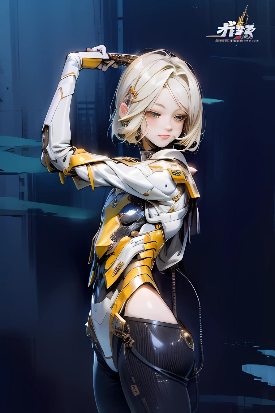 High Quality, Ultra High Resolution, Ultra Realistic, Super Detailed, Robot, Humanoid, Slim, beautiful, 1girl, yellow hair, short hair, Full Face, Full Body, female, Metallic, Metallic, Luxury, Metallic, One Japan Sword, One