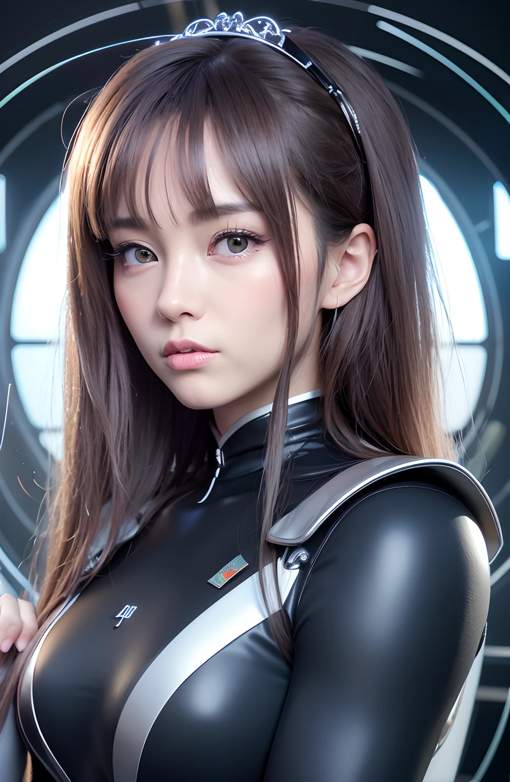 Complex 3d rendering android super detailed face beautiful woman porcelain silhouette, female Russian soldier, parte superior do corpo androide, 150mm, beautiful studio soft light, luz de borda, elegante, fundo bonito de uma cidade americana, octan render, estilo hr giger, 8k, qualidade superior, obra-prima, illustration, beleza suave, altamente detalhado, CG, unidade, papel de parede, (realista, realismo: 1.37), excelente, detalhes requintados, obra-prima, qualidade superior, arte oficial, muito detalhado, muito detalhado, ridiculous CG unified wallpaper 8k, capacete prateado