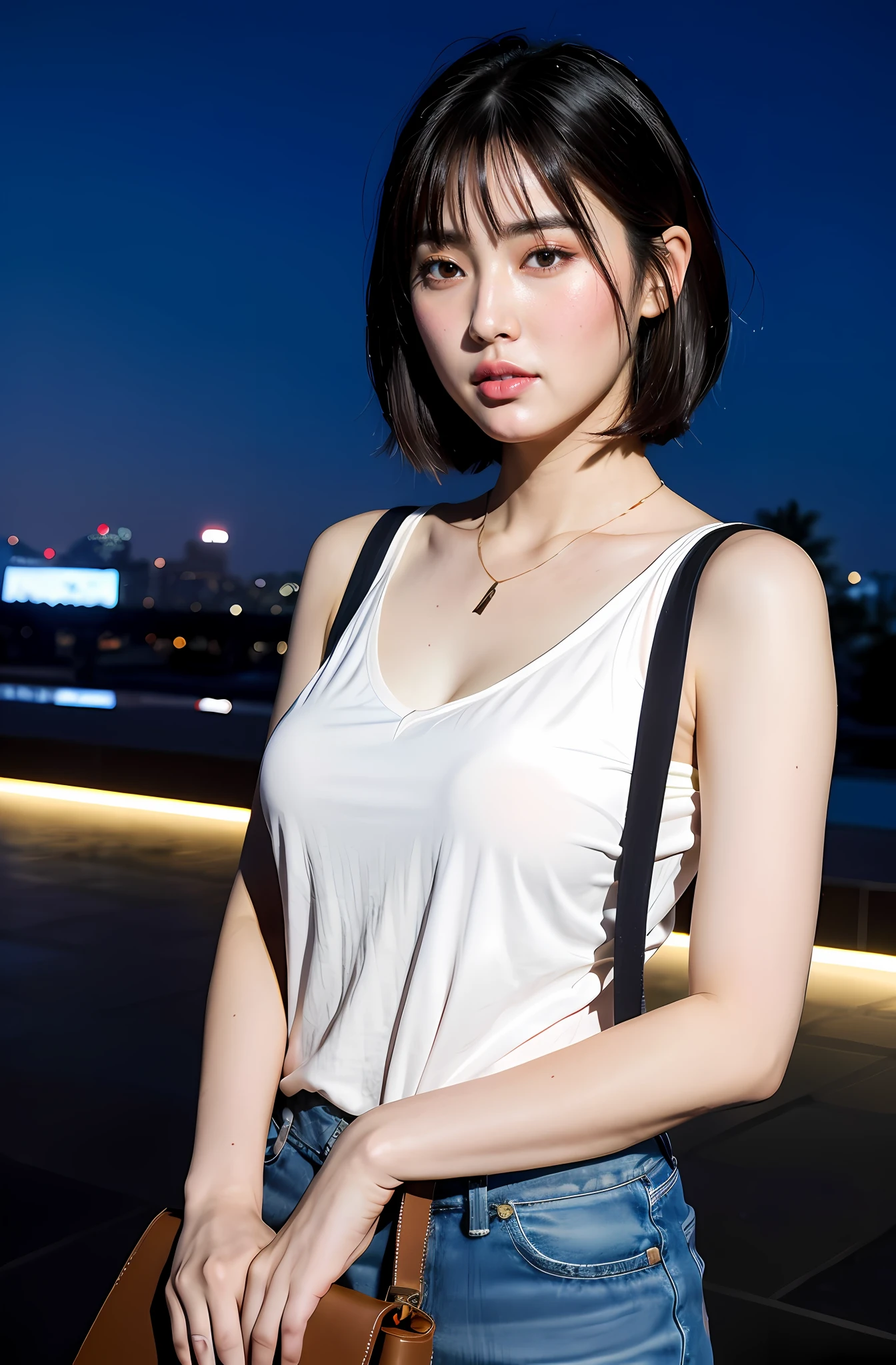 Random Posture, mix4, (8k, RAW photo, highest quality, masterpiece: 1.2), (realistic, photorealistic: 1.37), one girl, cute, cityscape, night, rain, wet, professional lighting, photon mapping, radiosity, physical based rendering,, gradient black hair,, gray hair, short curly, handsome, girl, white tight shirt with collar, mini skirt, top quality photo, high resolution, 1080p, (clear face), (detailed face description), (detailed hand description), (masterpiece), (elaborate CG), extreme light and shadow, short unbalanced bob, master work, rich details, (fine facial features), (top quality photo), (masterpiece), (detailed eyes), look ahead of you eyes, fine collarbone, small face, petite and delicate body shape
