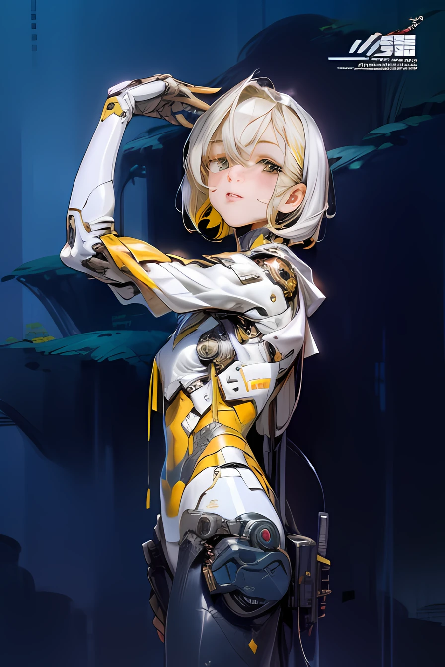 High Quality, Ultra High Resolution, Ultra Realistic, Super Detailed, Robot, Humanoid, Slim, beautiful, 1girl, yellow hair, short hair, Full Face, Full Body, female, Metallic, Metallic, Luxury, Metallic, One Japan Sword, One