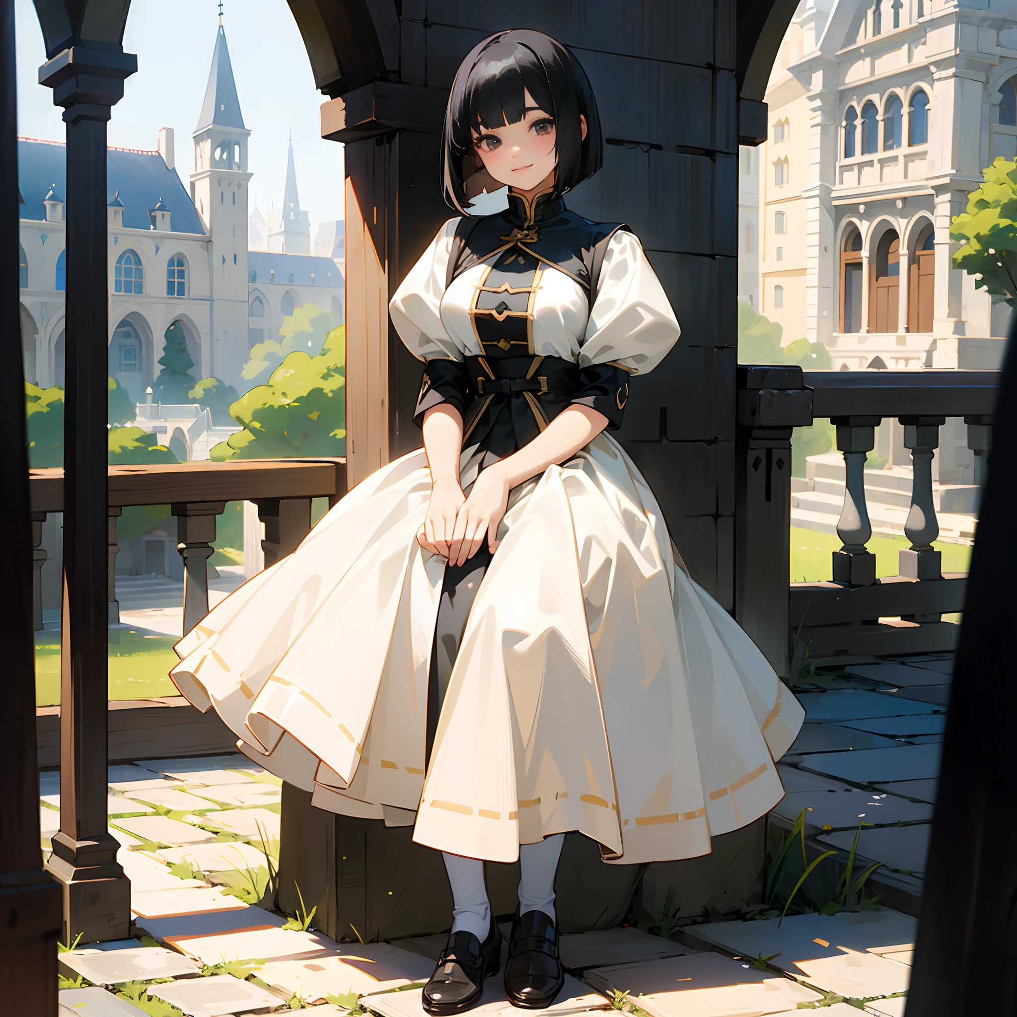 With the best image quality、Teenage girl standing alone outdoors。In high resolution、Beautiful fine details、tranquil atmosphere。(((Black Hair Bob Hair)))、Cute smile。((breasts are large))、I don't have anything in my hands、realistic hand、Medieval European national costume with short sleeves、Medieval European Streets、Leather shoes。