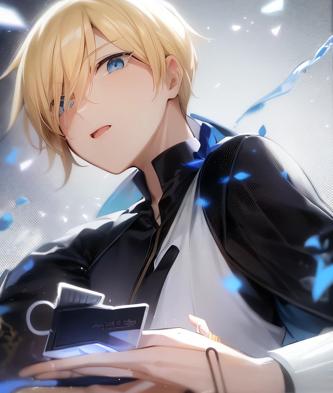 a close up of a person holding a cell phone in their hand, cara de anime alto com olhos azuis, portrait of magical blond prince, Principais visuais de anime, capa de anime, arte chave do anime, imagem de anime shuushuu, pose de anime bonito, jovem homem de anime, alicization, no filme de anime, Estilo de arte ufotable, personagem de anime masculino, tsunami behind him