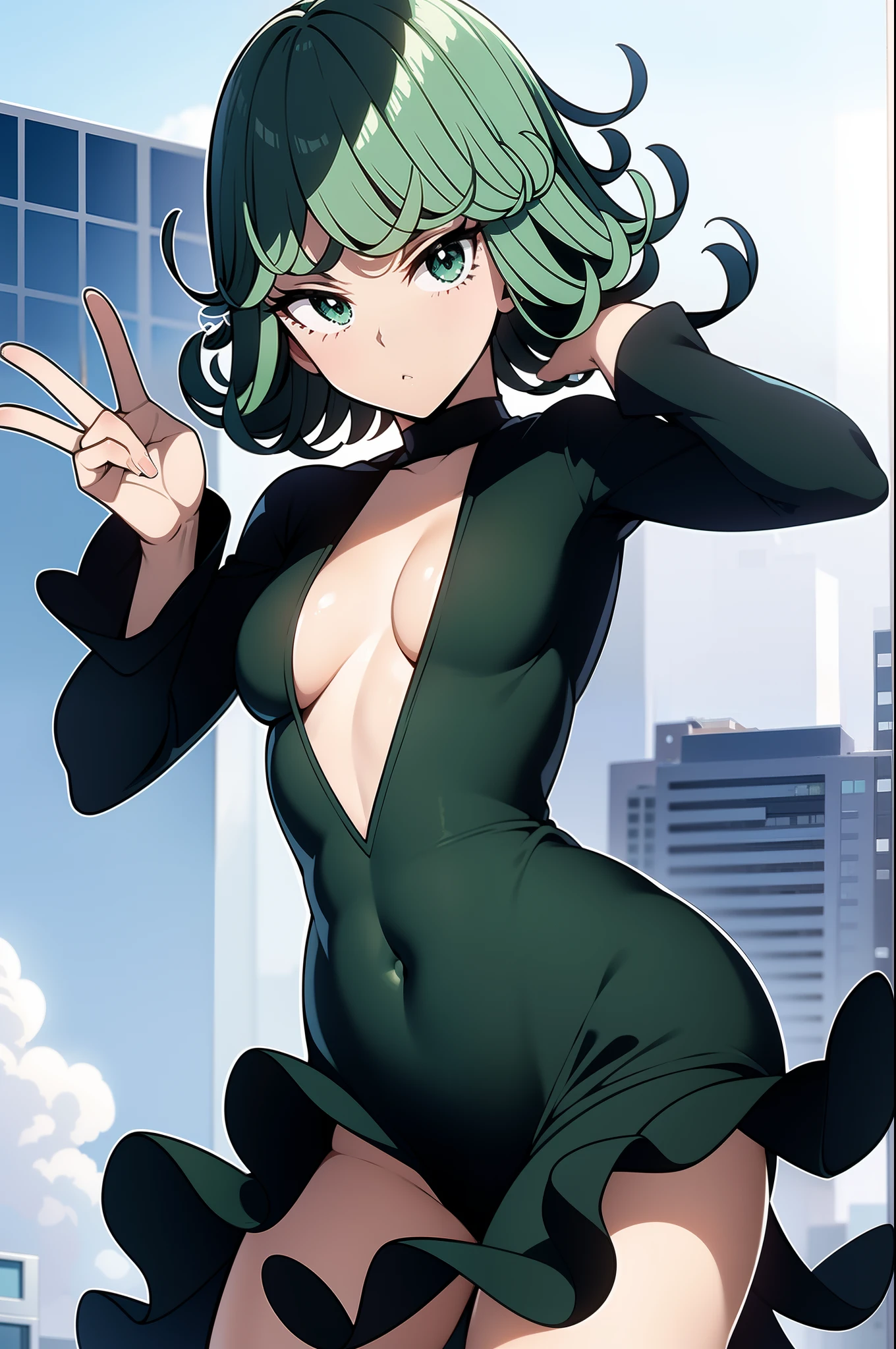 solo, 1girl, Tatsumaki/Terrible Tornado, seios pequenos, cabelo ondulado, roupa de empregada, meias