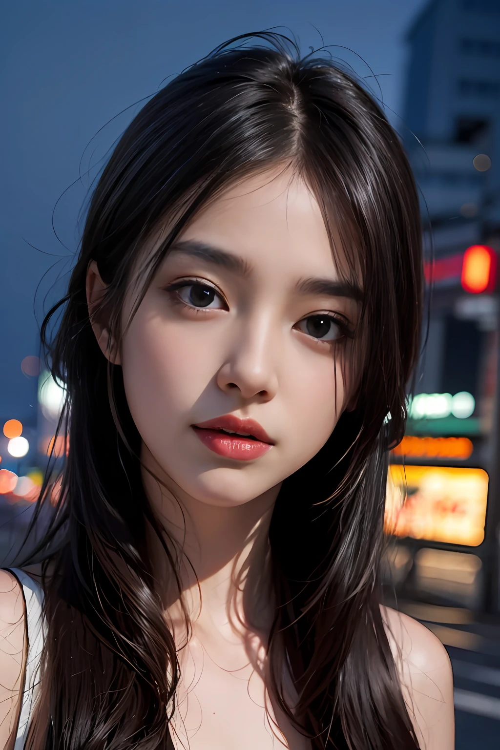 1girl, Tokyo street,night, cityscape,city lights, upper body,close-up, 8k, RAW photo, best quality, masterpiece,realistic, photo-realistic,