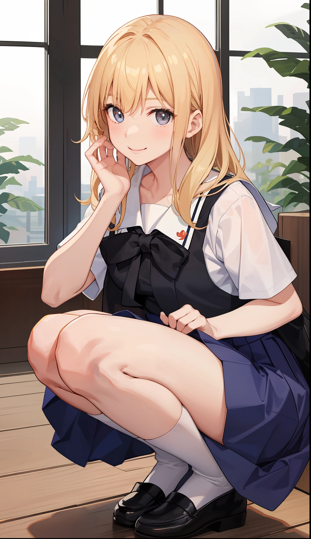 1girl in、A smile、The shirt、skirt by the、（small tits）Chilarism、Japan High School Student Uniform、serafuku、summer clothing、Run briskly、（Sheer Bra）、Upper body portrait、blonde  hair、Squatting panchira、