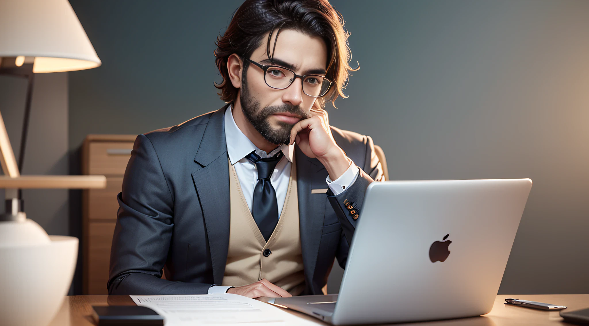 Create an ultra realistic image image in high quality real image a man in stylish suit sitting behind a luxurious office desk holding laptop rich bearded man, luxo, luxuoso, riqueza